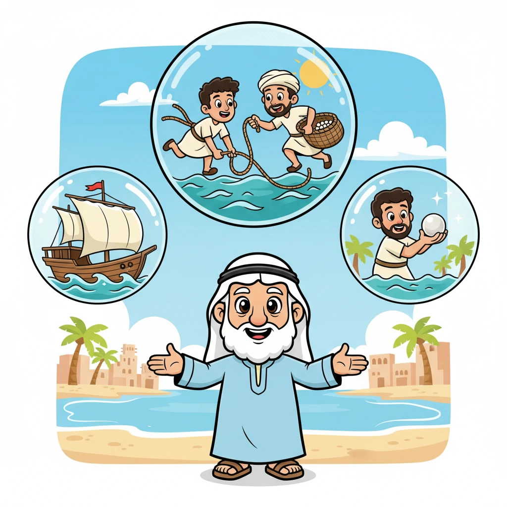 بابتسامة دافئة، يبدأ الجد حسن في وصف البحرين القديمة. يرى القارئ رجالًا شجعانًا يبحرون في سفن خشبية بسيطة، تسمى "الدّوا" في الخليج، مجهزين للغوص على اللؤلؤ الثمين. كانت حياتهم مرتبطة ارتباطًا وثيقًا بالبحر، مصدر رزقهم وصبرهم.