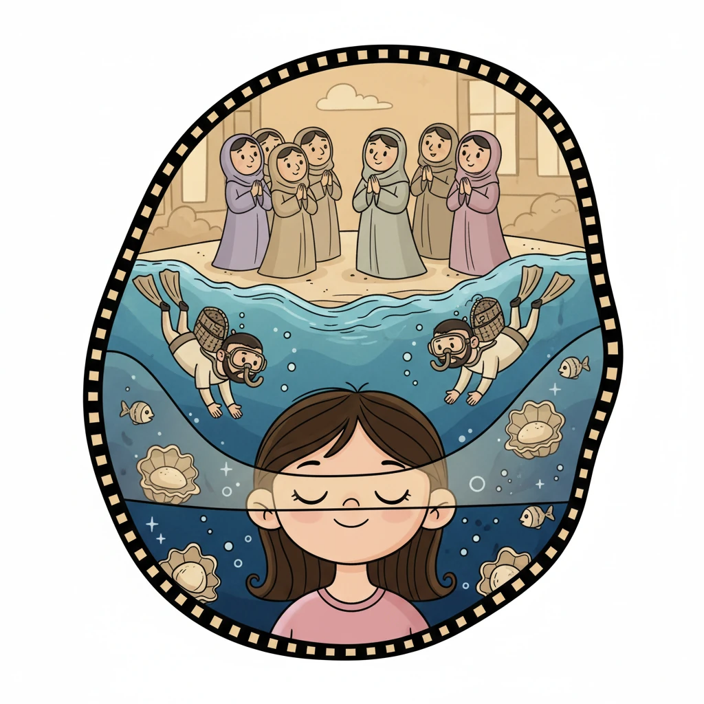 تغمض ليلى عينيها وتتخيل المشهد وكأنه فيلم قديم ينبض بالحياة أمامها. ترى الغواصين الشجعان وهم يغوصون في أعماق البحر، وتتخيل الأمهات وهن ينتظرن عودة أحبائهن بالدعاء والأمل. شعور بالفخر يملأ قلبها لأجدادها الأقوياء والصابرين.