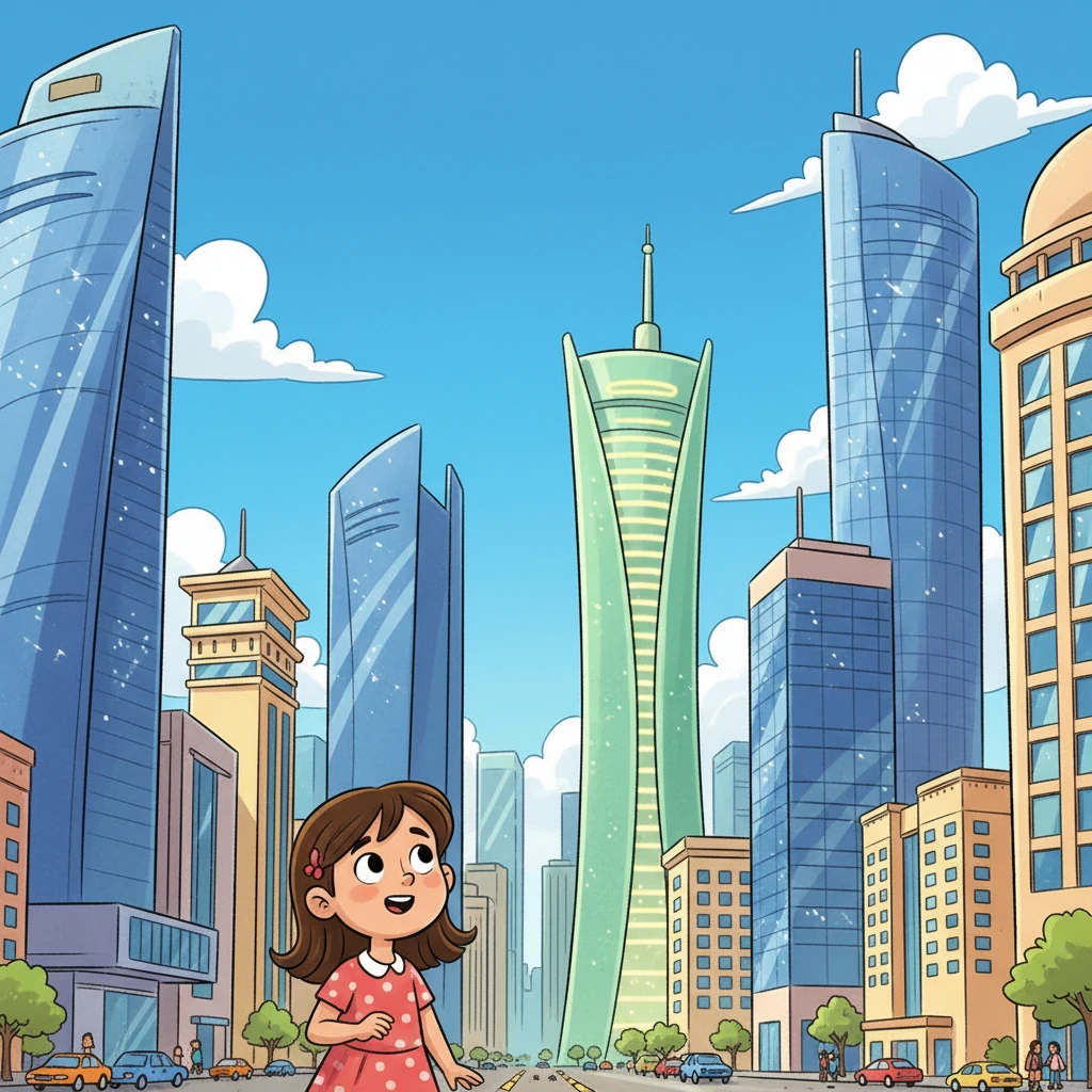 تفتح ليلى عينيها وتنظر حولها إلى المدينة الحديثة التي تحيط بها. ترى الأبراج الزجاجية اللامعة ترتفع نحو السماء، مثل برج البحرين المالي الذي يتوهج بأضوائه الساطعة. إنها مدينة نابضة بالحياة والتطور، تختلف تمامًا عن حكايات جدها.