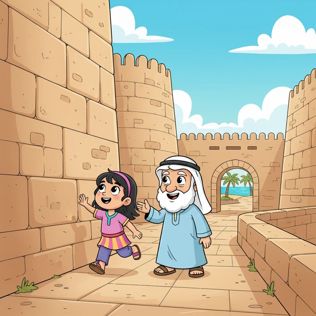 في يوم آخر، تزور ليلى وجدها قلعة البحرين العريقة، وهي تقف شامخة كشاهد على التاريخ. تتجول ليلى بين جدران القلعة القديمة، وتشعر وكأنها تقف على مفترق طرق بين الأزمنة. الماضي والحاضر يتشابكان في هذا المكان الأثري الجميل.