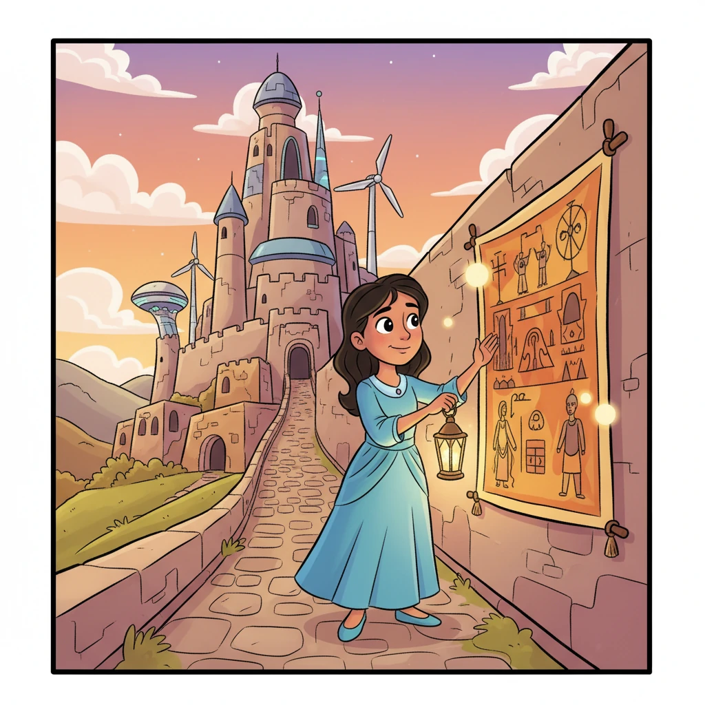 عند القلعة، تفهم ليلى أن التطور والتقدم مهمان جدًا لبناء مستقبل مشرق. لكنها تدرك أيضًا أن الأهم هو الحفاظ على تاريخنا الغني وقيم أجدادنا. يجب أن نحمل قصصهم وروحهم معنا ونحن نمضي قدمًا.