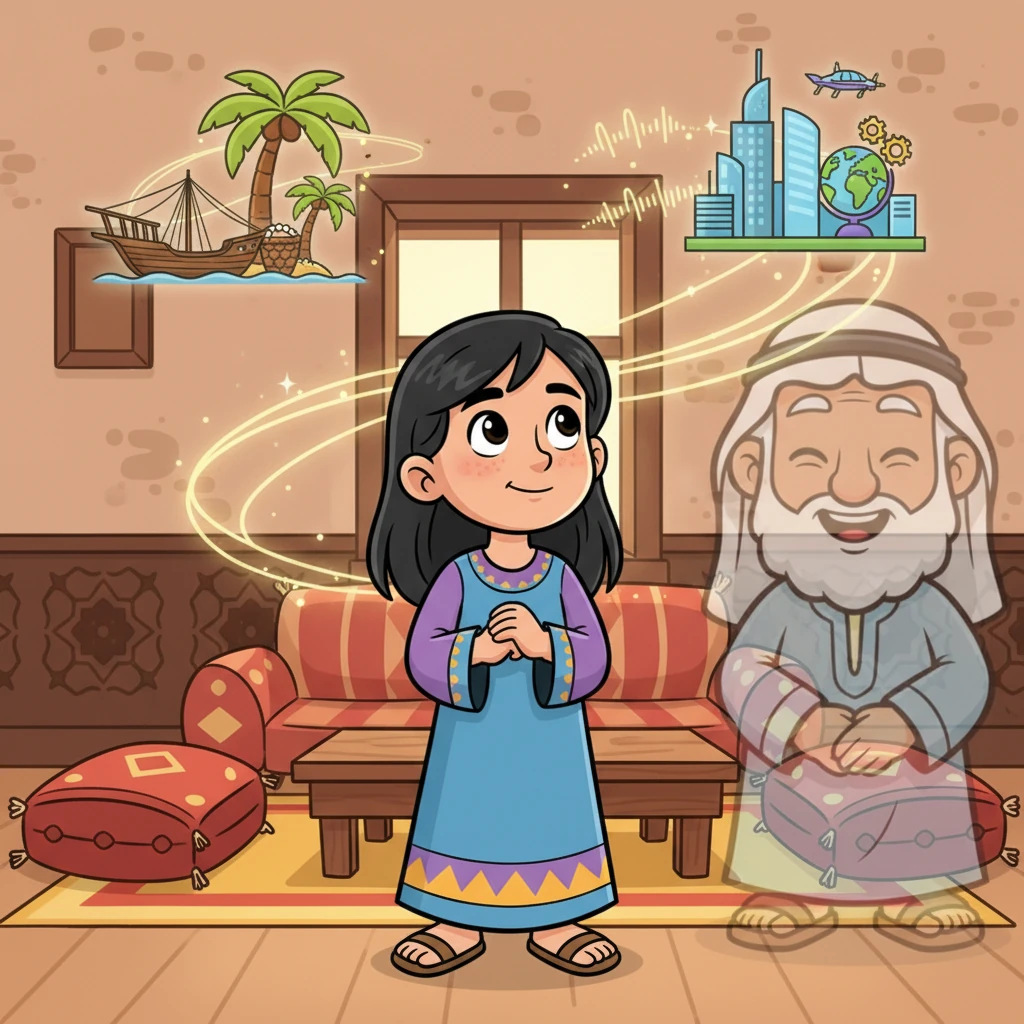 تعود ليلى إلى بيتها، ولا تزال كلمات جدها ترن في أذنيها. تدرك أن البحرين جميلة في كل زمن، بجمال ماضيها وعظمة حاضرها. عليها أن تأخذ من الماضي قيمه النبيلة، وتستخدم إمكانيات الحاضر لصنع مستقبل أفضل وأكثر إشراقًا للجميع.