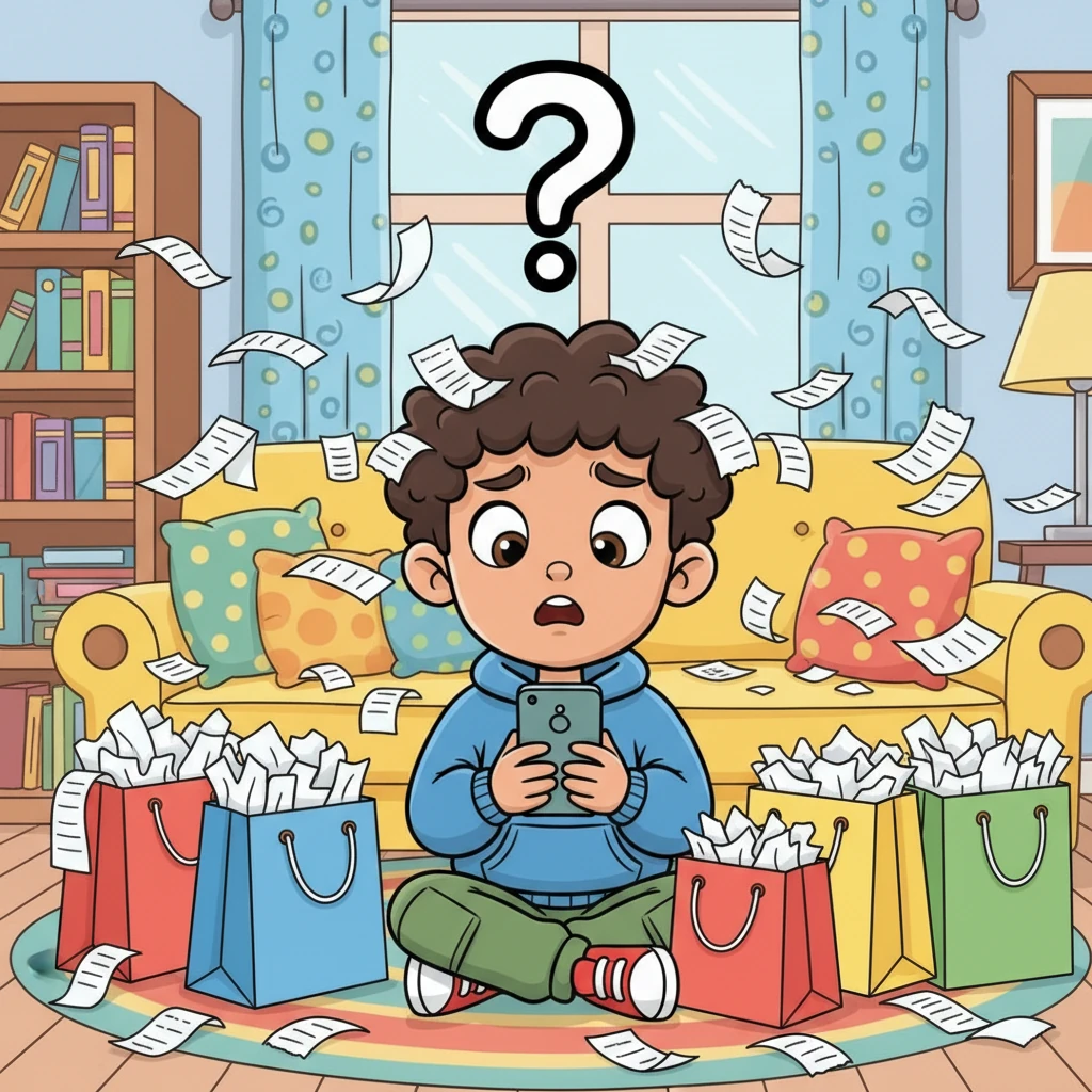 Ahmed sits at home, looking utterly overwhelmed. His cheerful living room is cluttered with colorful shopping bags overflowing and receipts fluttering around him like a paper storm. He stares at his phone, a huge question mark hovering over his head, his face a cartoon of worry as he tries to figure out where all his money disappears each month.