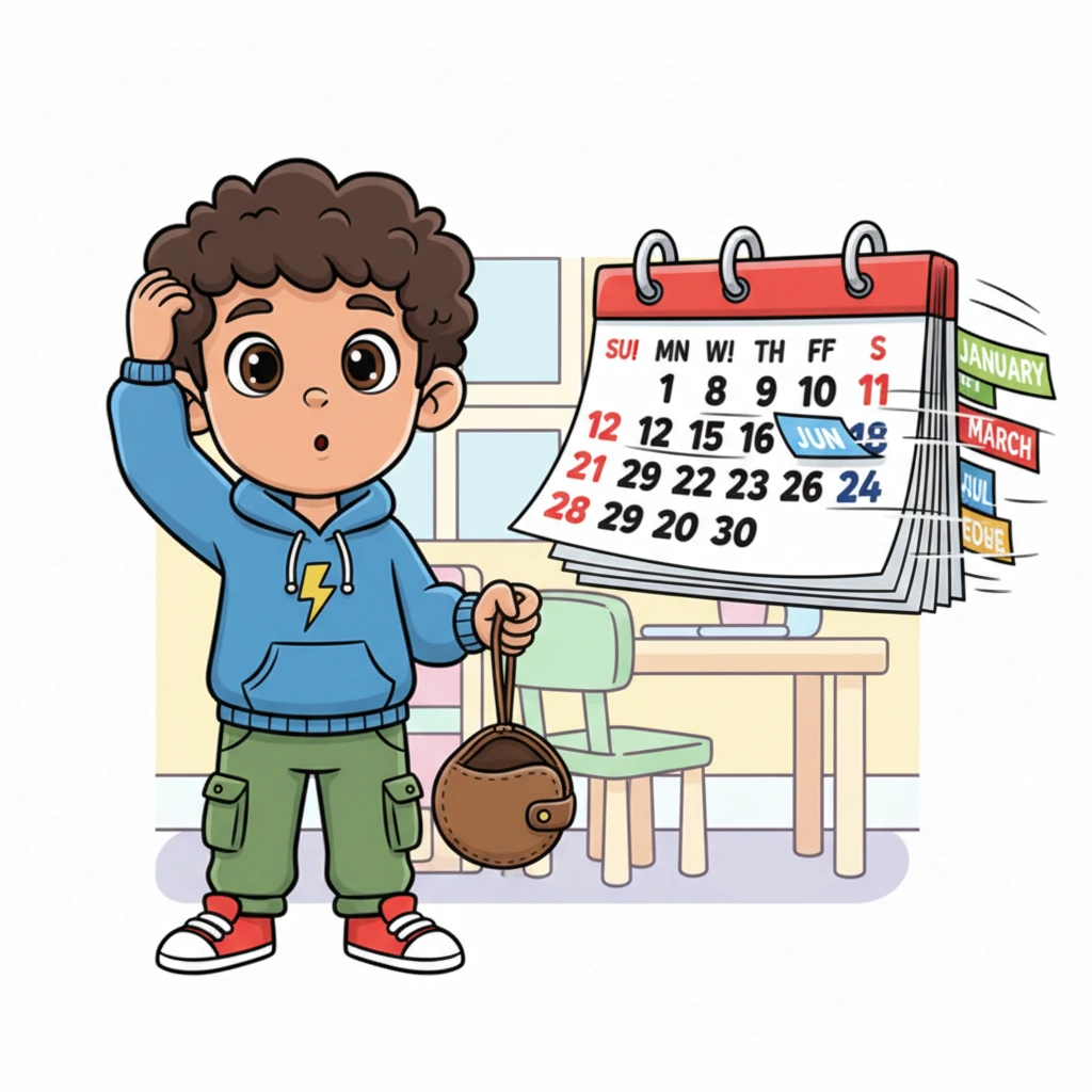 Time passes quickly in a playful montage. Ahmed is shown scratching his head in confusion next to a brightly colored calendar with pages flipping rapidly through months. His once plump, cartoon wallet now hangs limp and empty, looking like a deflated balloon, emphasizing his struggle to manage his finances and the mystery of his disappearing cash.
