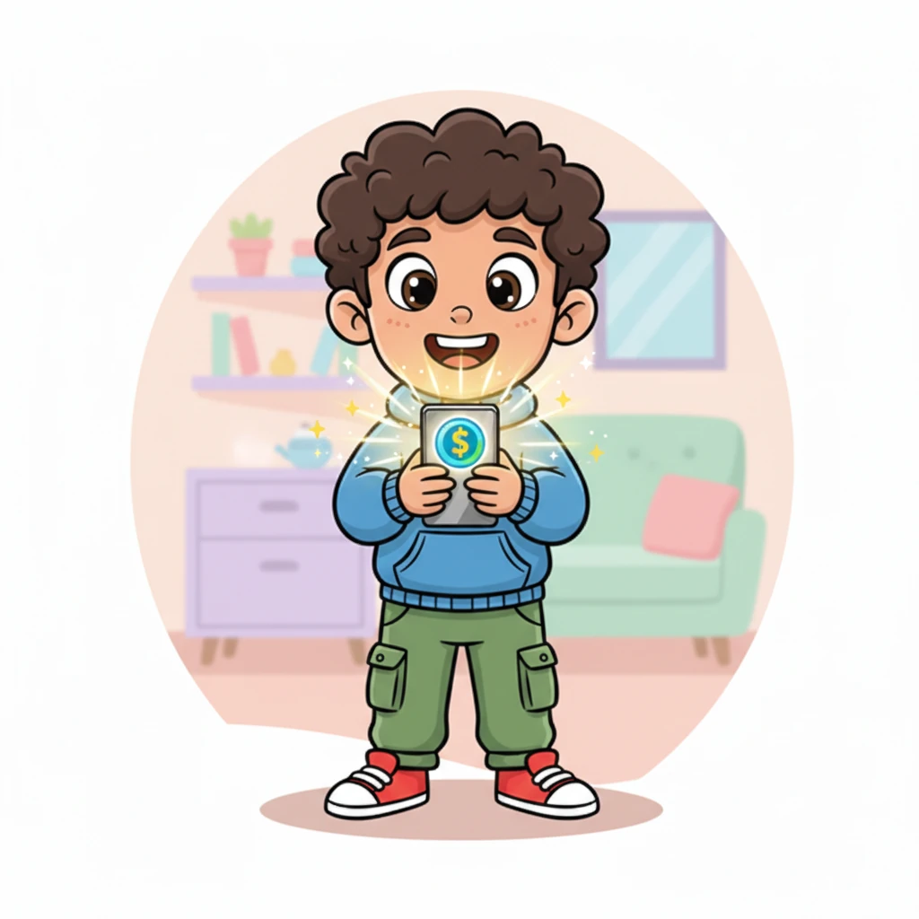 A moment of bright discovery! Ahmed's face lights up with a cheerful 'aha!' expression as he scrolls through his phone. A vibrant, glowing icon for the 'Money Flow' app pops onto his screen, surrounded by sparkling effects, promising a magical solution to his money woes and a path to clarity.