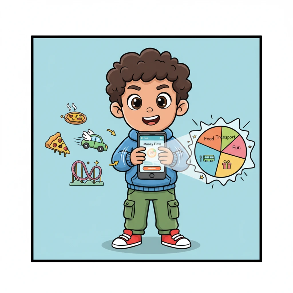 Ahmed is now actively engaged with his phone, his fingers flying across the screen with purpose. On one side, playful icons representing delicious food, quick transport, and joyful fun float into the 'Money Flow' app. On the other, a vibrant, animated pie chart instantly materializes, clearly showing how his money is being spent, making everything crystal clear in an instant.