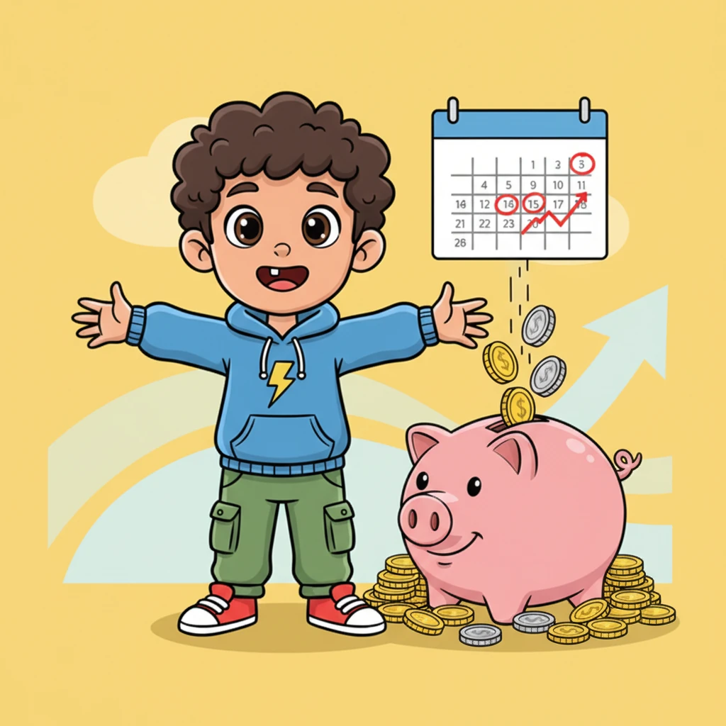 A wave of positive change! Ahmed grins broadly, his eyes sparkling with determination and hope. Next to him, a cheerful, plump piggy bank happily fills with a cascade of shiny, cartoon coins, while a calendar in the background shows marked dates indicating consistent savings growth, all building steadily towards his big dream of a brand-new car.