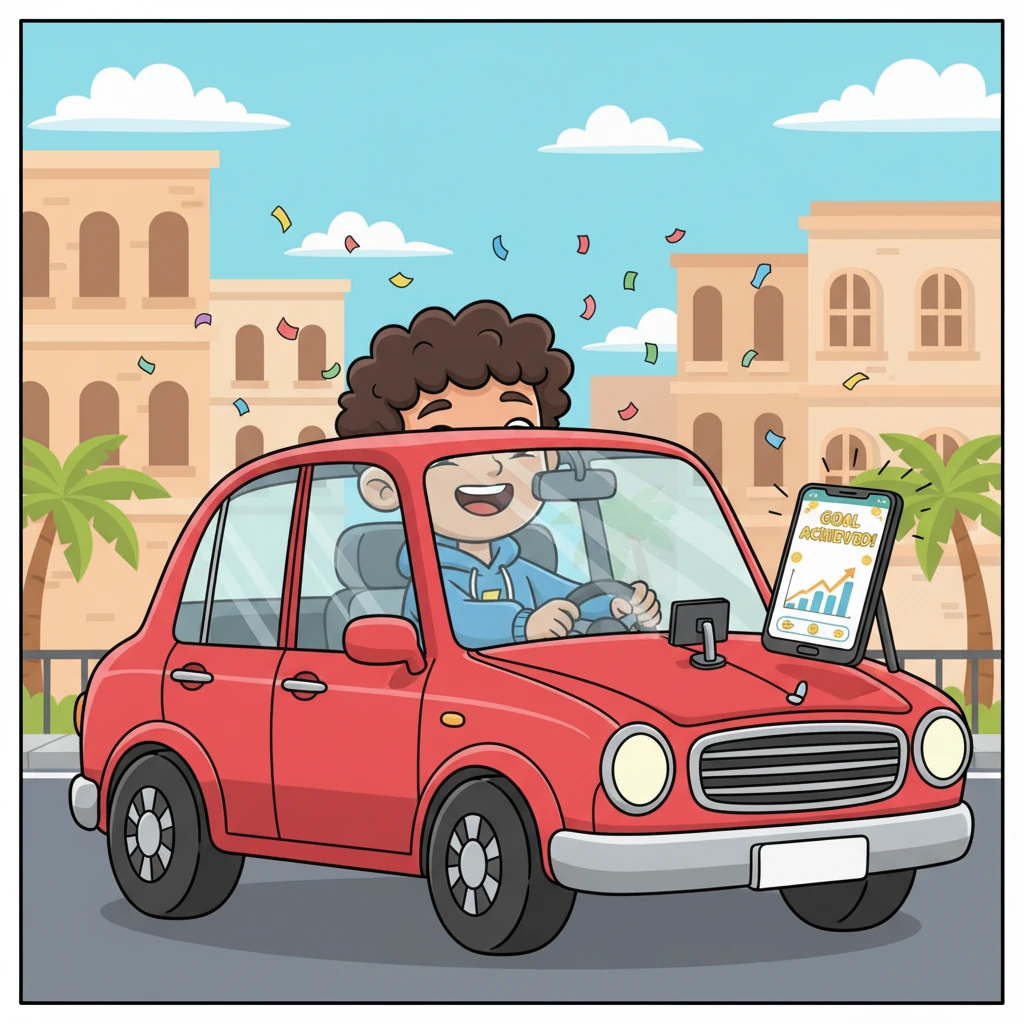 Success! Ahmed is beaming with pure joy, confidently driving his brand-new, shiny car through a sunny Cairo street. His phone, mounted on the dashboard, proudly displays a celebratory 'Money Flow' app screen with 'Goal Achieved!' confetti and cheerful statistics, showcasing his incredible financial triumph and the realization of his dream.