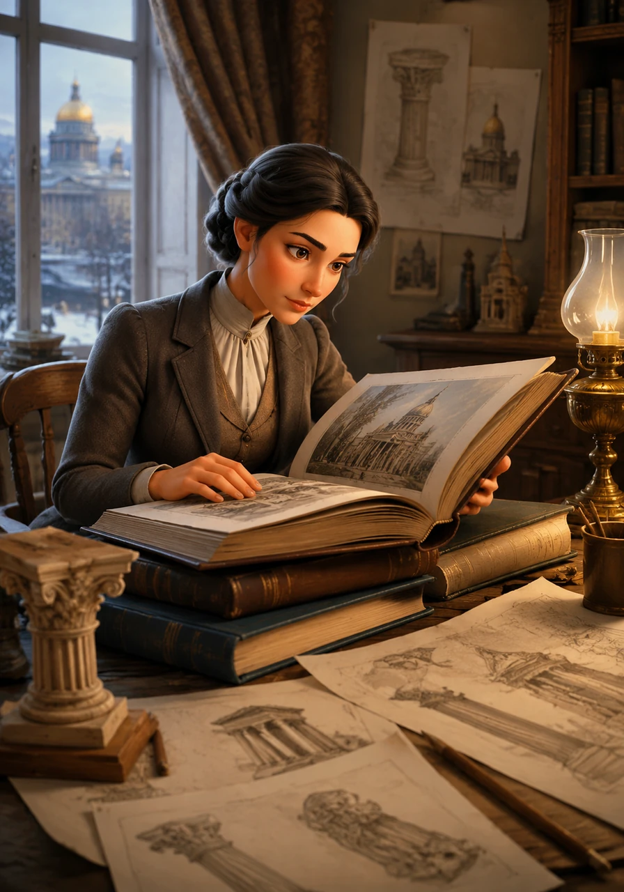 Fin da piccola, a San Pietroburgo, Elena passava ore a sfogliare pesanti libri d'arte, incantata dalle storie di architetti italiani che avevano reso magnifica la sua città. La sua stanza era un piccolo rifugio pieno di sogni e bozzetti di colonne classiche che sognava di vedere dal vivo.