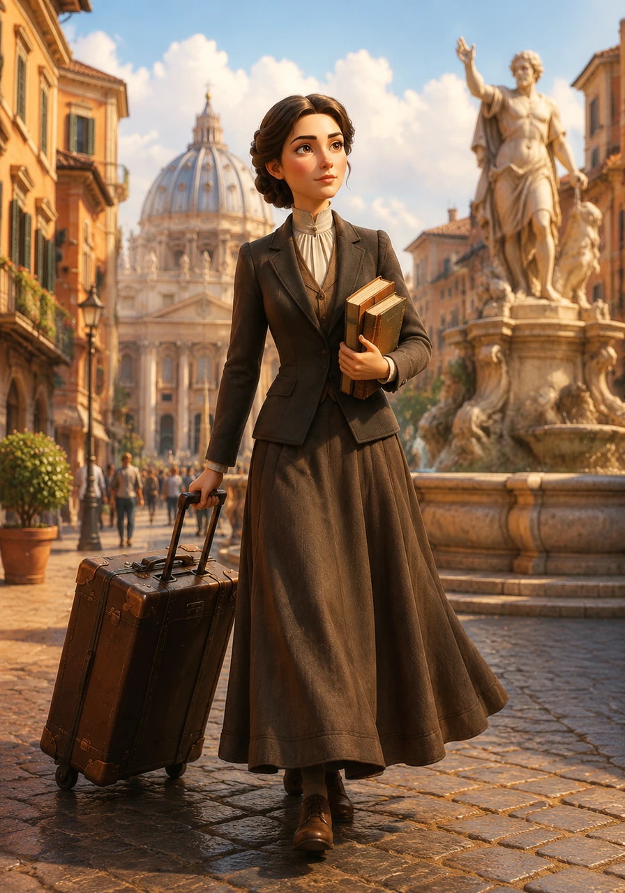 L'arrivo in Italia fu un'esplosione di luce e colori, dove ogni piazza e ogni statua sembrava salutarla come una vecchia amica finalmente incontrata. Elena camminava per le strade di Roma portando con sé solo i suoi libri, la sua curiosità e una grande valigia piena di speranze.