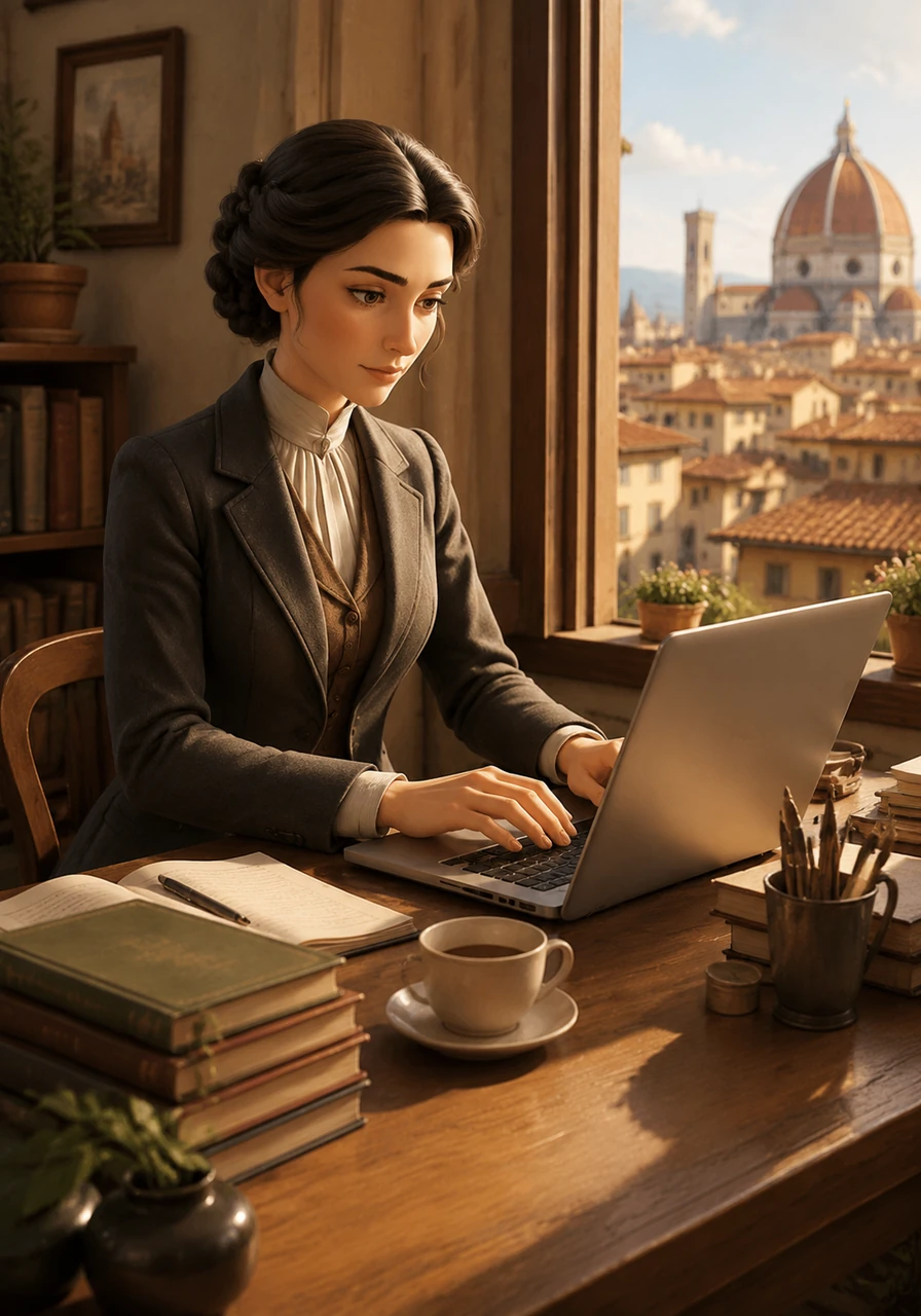 Stabilitasi in un accogliente appartamento affacciato sui tetti di una città d'arte, Elena iniziò la sua nuova carriera come traduttrice freelance. La sua scrivania, posta accanto a una finestra soleggiata, divenne il luogo dove le parole russe trovavano una nuova, armoniosa voce italiana.