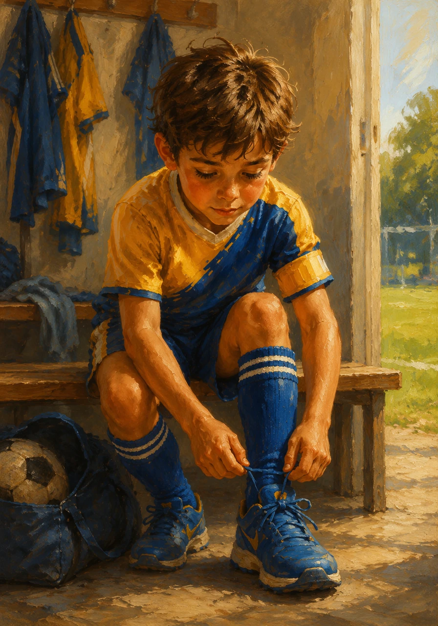 Leo tied his bright blue sneakers tightly, his heart thumping with excitement for the big school football match. As the team captain and leader, he couldn't wait to run onto the green field and show everyone his skills.