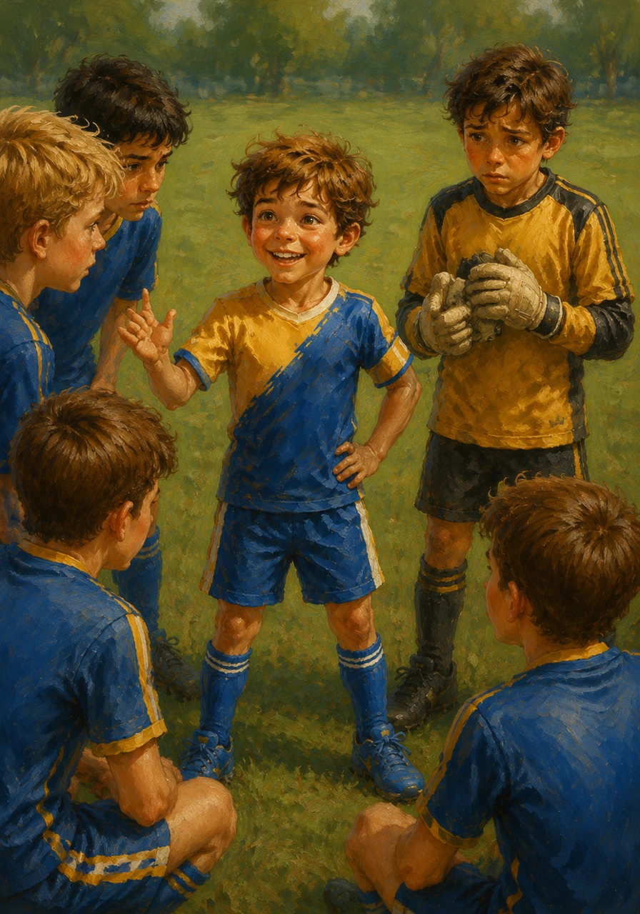 During the pre-game huddle, Leo excitedly told his teammates his grand plan to score all the goals himself. His friends listened quietly, but Sam, the team's reliable goolie, looked a little worried as he adjusted his oversized gloves.