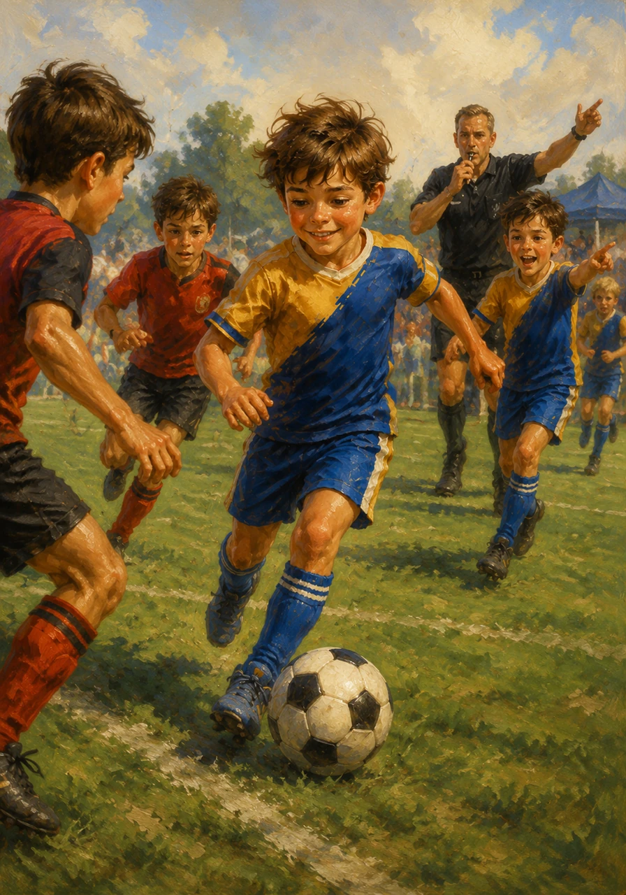 The referee blew the shiny silver whistle, and the match began with a burst of energy. Leo immediately grabbed the ball, dribbling past the opposing defenders with quick, flashy steps while his teammates ran alongside him, calling for a pass.