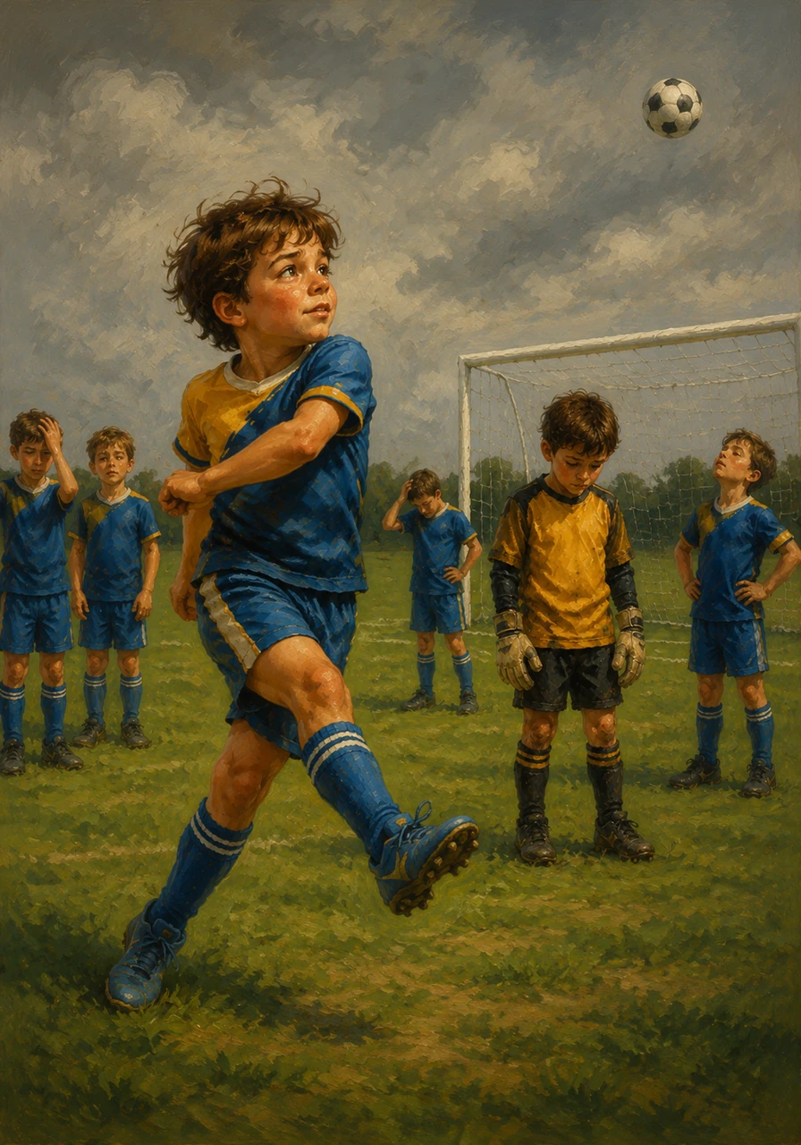 Instead of passing to an open teammate, Leo took a wild shot from far away, wanting all the glory for himself. The ball flew high over the crossbar and landed in the grass, leaving his teammates sighing in disappointment.