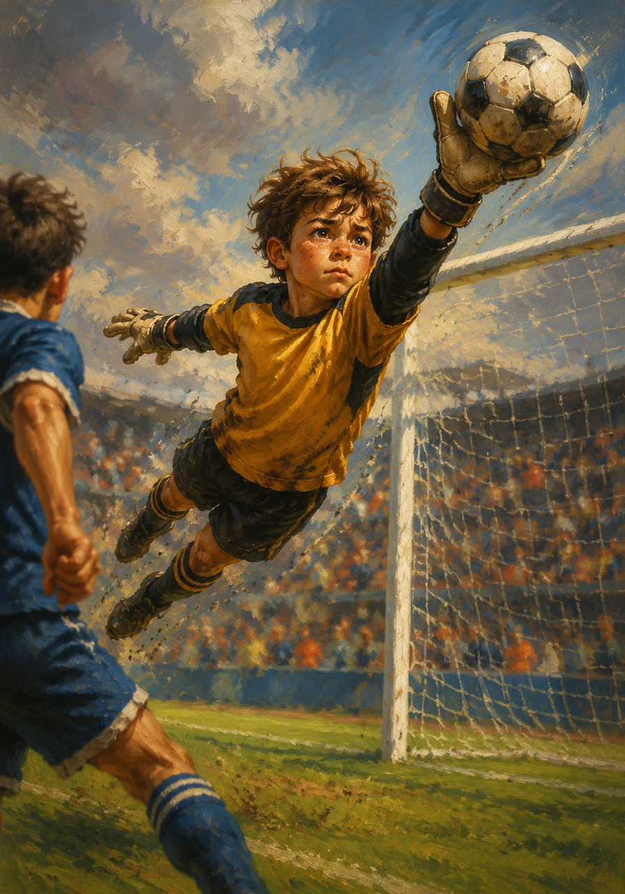 The opposing striker kicked a powerful, spinning shot right toward the corner of the net. Sam the goolie leaped through the air like a superhero, stretching his arms wide to make a spectacular diving save that kept the score tied.