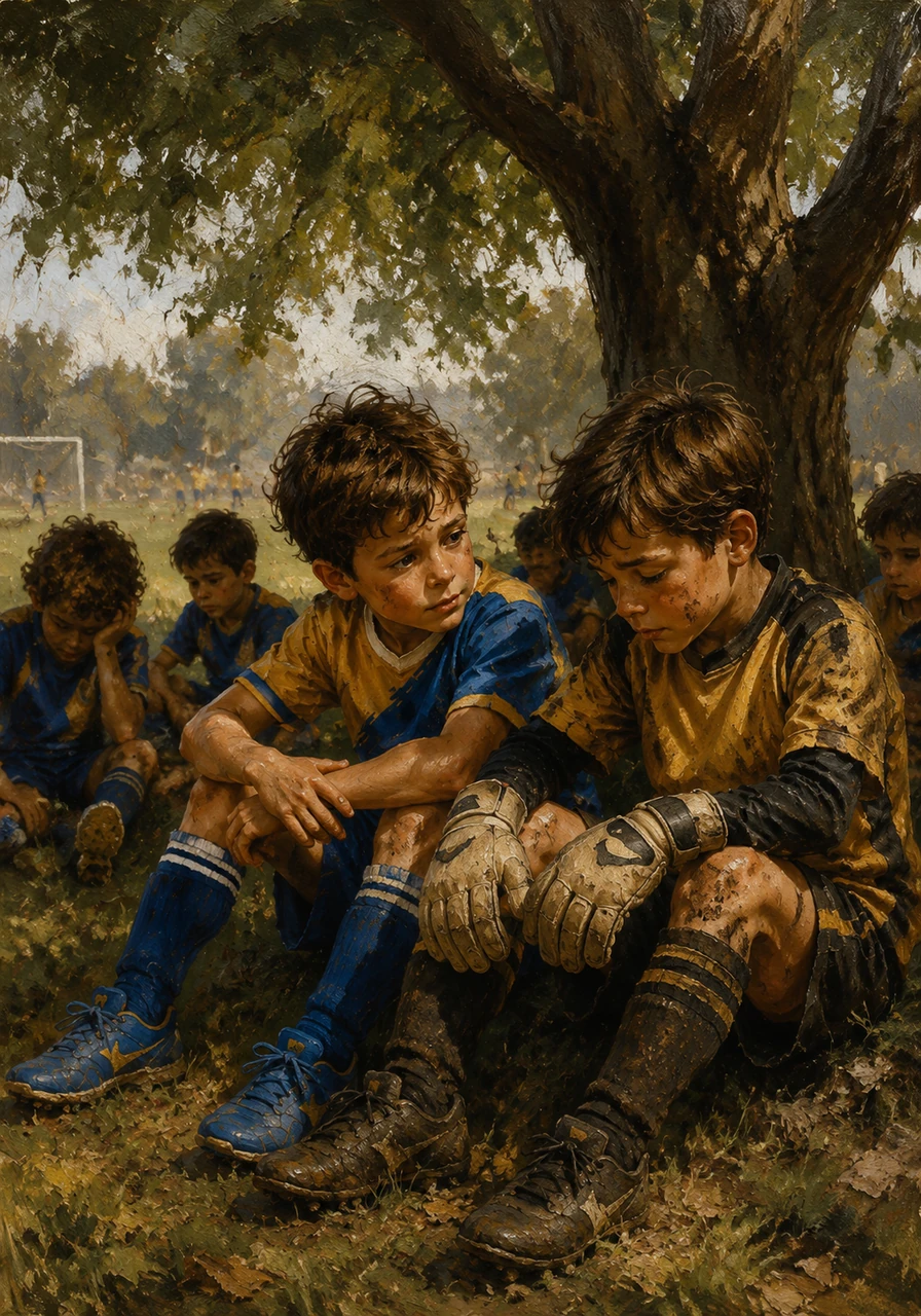 At halftime, the team sat under the shade of a big tree, looking tired and disconnected. Leo looked at Sam's muddy knees and realized that being a true leader meant trusting his team, not just playing by himself.