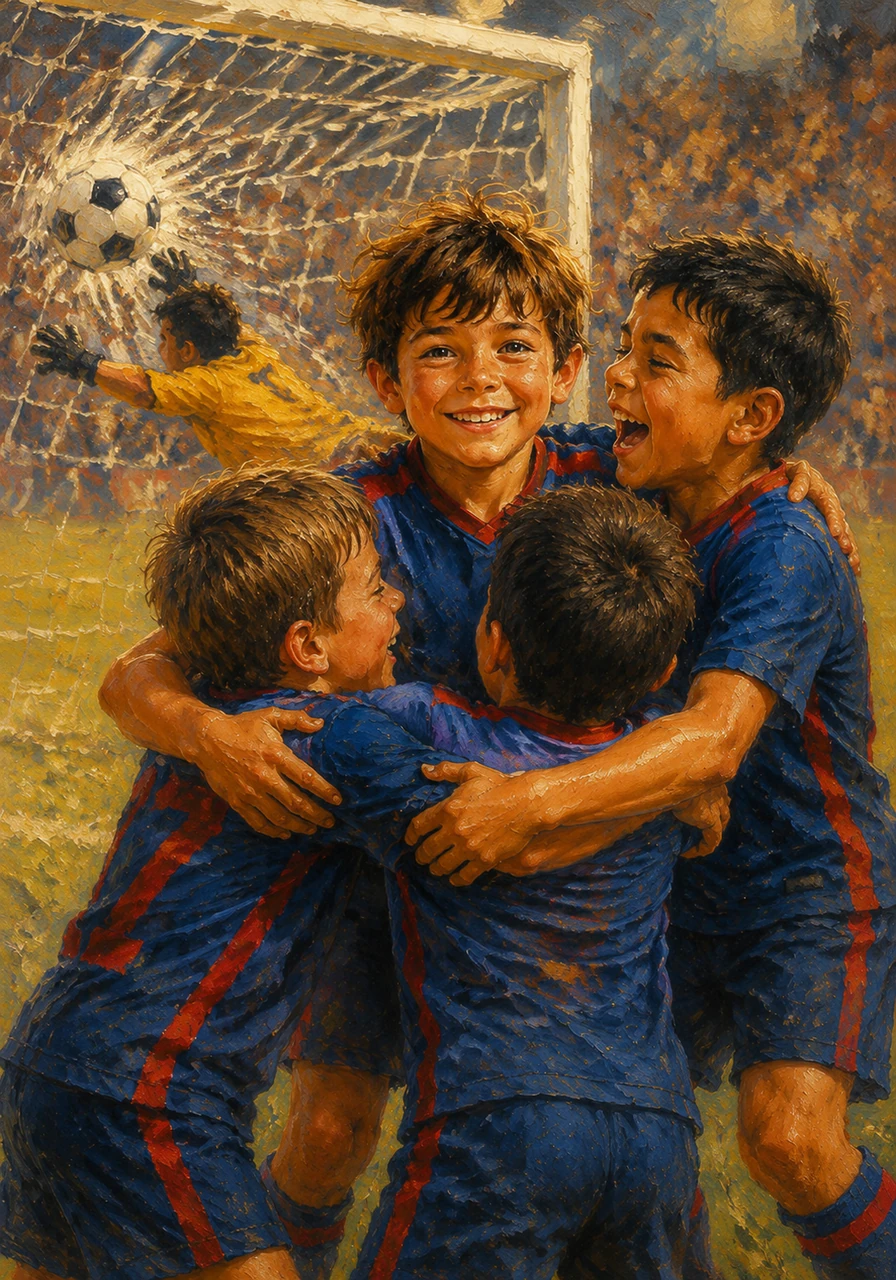 His teammate kicked the ball straight past the diving goalkeeper and into the back of the net for the winning goal. The entire team cheered loudly and hugged each other, celebrating a victory that they had achieved together.