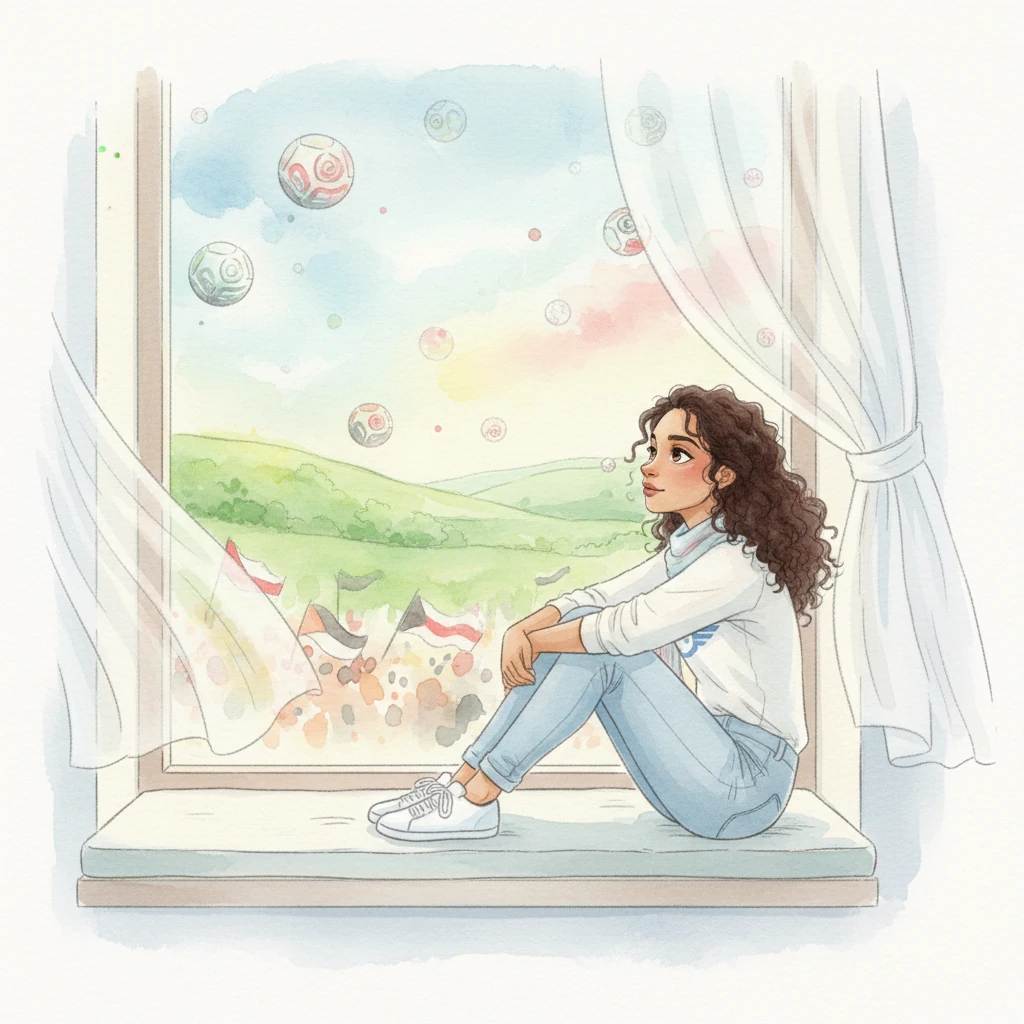 Layla sat by her window, a gentle breeze rustling the sheer curtains. Her eyes, wide with dreams, gazed at a watercolor landscape where faint footballs floated like wishes. She imagined the roar of the crowd, the vibrant colors of her country's flag, and the joy of a nation united.
