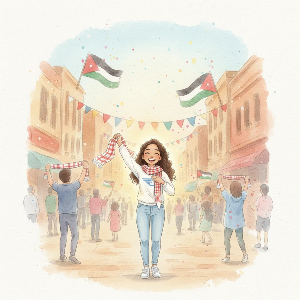 One day, the news spread like wildfire through the streets of Jordan. Al-Nashama, the national football team, had made history, qualifying for the 2026 World Cup! Layla’s heart swelled with an exhilarating mix of pride and excitement, a soft glow illuminating her face.