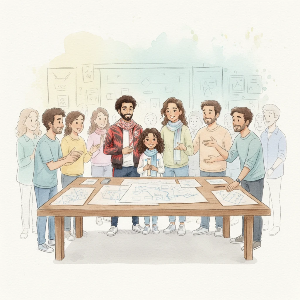 Layla joined her parents at a bustling meeting of the Al-Nashama Fans Association. The room hummed with enthusiastic chatter, planning how to support the team on their grand journey. Maps and ideas were sketched on translucent paper, creating a sense of shared purpose.