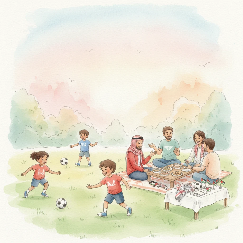A vibrant community event brought everyone together. Families gathered, sharing traditional foods and laughter, while children played with mini footballs. The new merchandise was proudly displayed, symbolizing unity and the rich tapestry of Jordanian culture, under a sky painted with warm pastels.