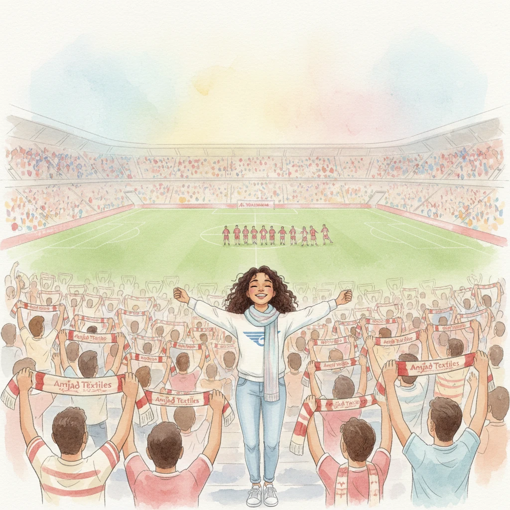 Finally, Layla stood in a vast, ethereal stadium, surrounded by a sea of cheering fans, all clad in the beautiful Amjad Textiles gear. Al-Nashama was on the field, and a wave of pure, unadulterated joy washed over her, a dream softly realized on the global stage.