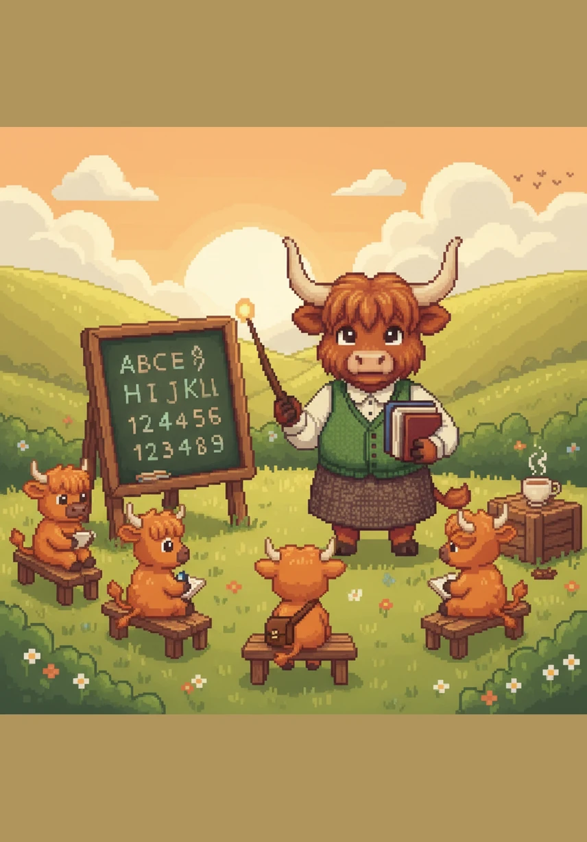 Curio the highland cow lived in the rolling green hills of Clover Valley, where he loved to play with his fluffy friends. Every morning, they skipped to the little schoolhouse, ready for a day of learning with their teacher, Mrs. O’Leary.