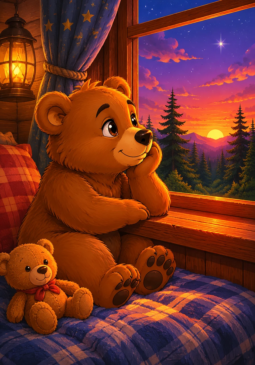 Barnaby the little bear cub sat by his bedroom window, watching the golden sun slowly dip below the edge of the forest. The sky turned a beautiful shade of deep purple, and the very first star of the night began to twinkle softly.