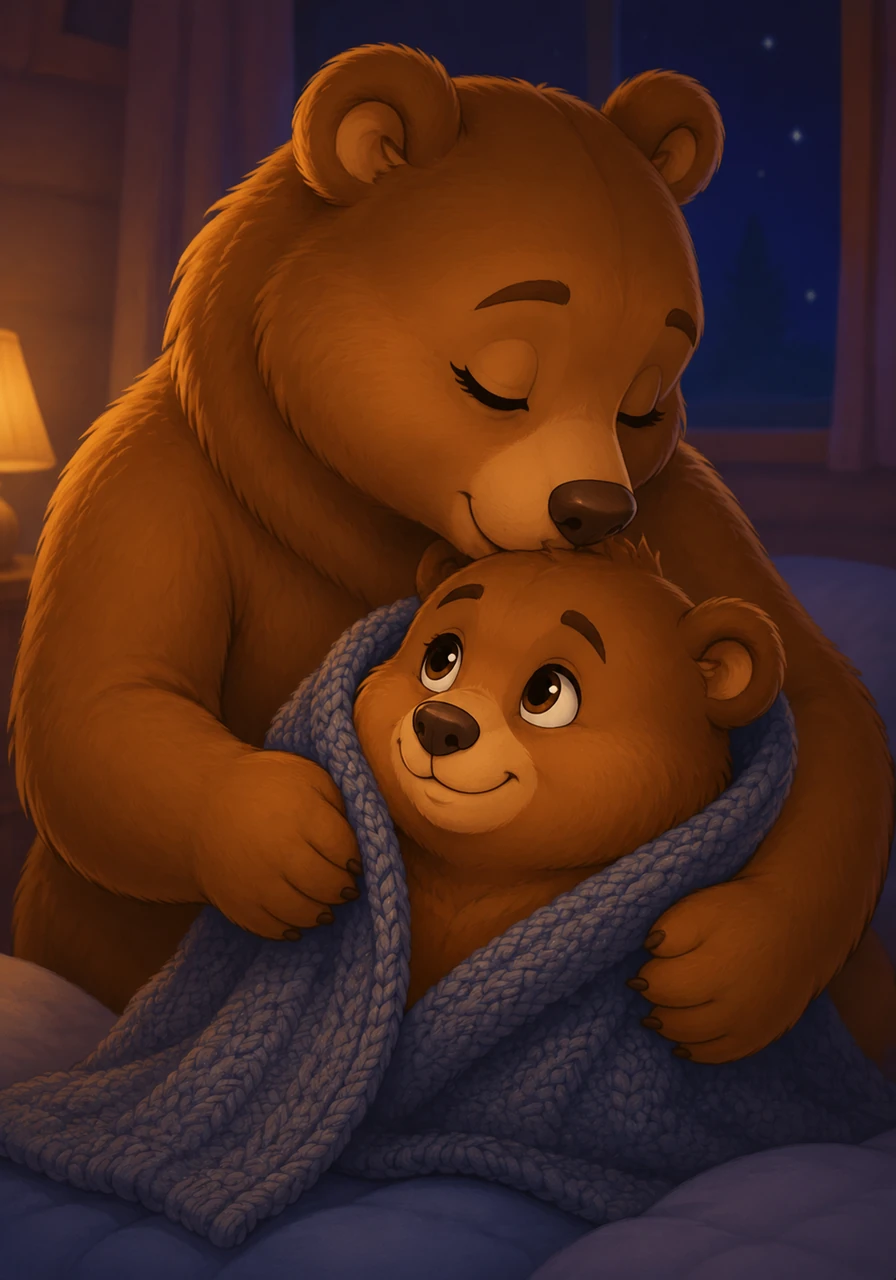 His mother wrapped a warm, knitted blanket around his shoulders and kissed the top of his fuzzy head. She whispered that the night was just the world's way of singing a quiet lullaby to all its creatures.