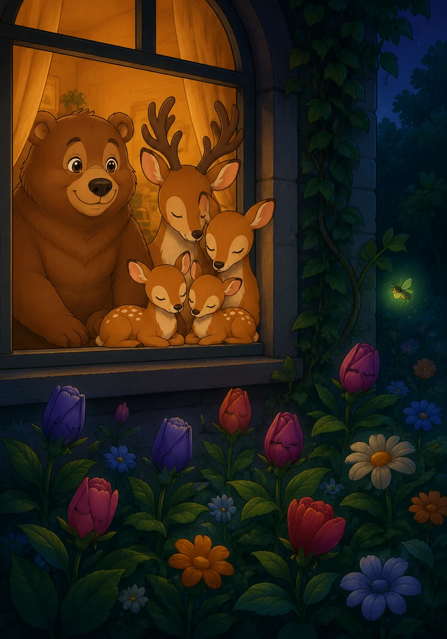 Out in the garden, the colorful flowers gently closed their petals, tucking themselves in for a long rest. A tiny firefly danced past the window, casting a soft, comforting green glow in the darkening yard.