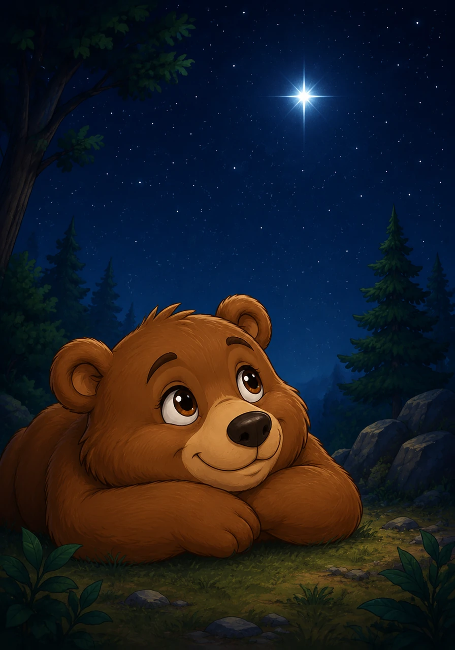 Barnaby looked up and noticed a particularly bright, silver star that seemed to be blinking just for him. He leaned his chin on his paws, wondering what kind of peaceful dreams the star was bringing from far away.
