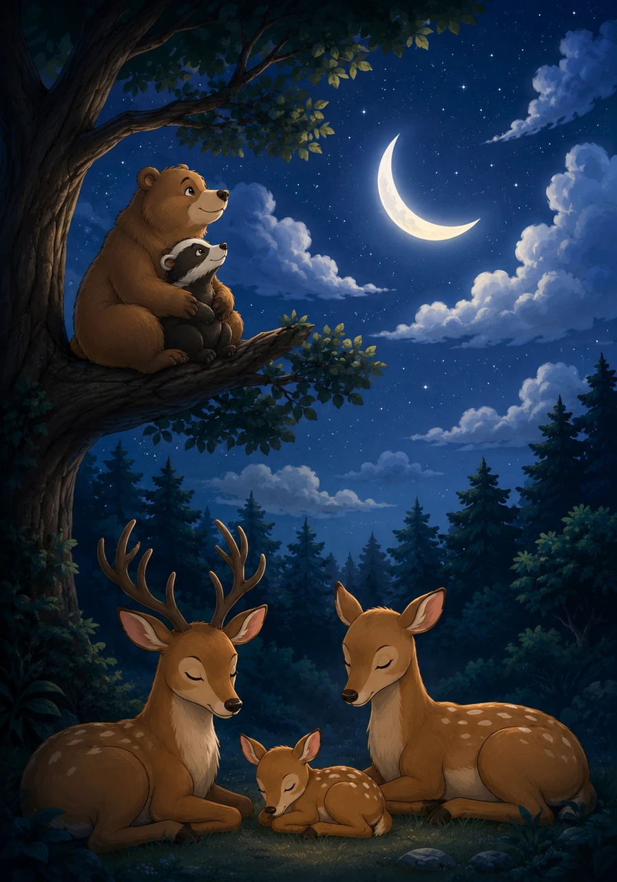 High above the treetops, the crescent moon shone like a silver cradle, rocking back and forth in the quiet sky. The clouds drifted past it like fluffy white pillows, making the whole world look soft and sleepy.