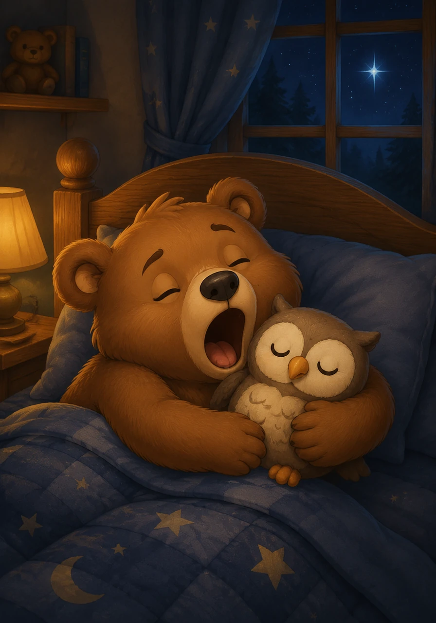 With a long, happy yawn, Barnaby snuggled closer to his plush toy owl and let go of the day's adventures. The silver star outside kept a watchful, loving eye over the little bear as he began to drift away.