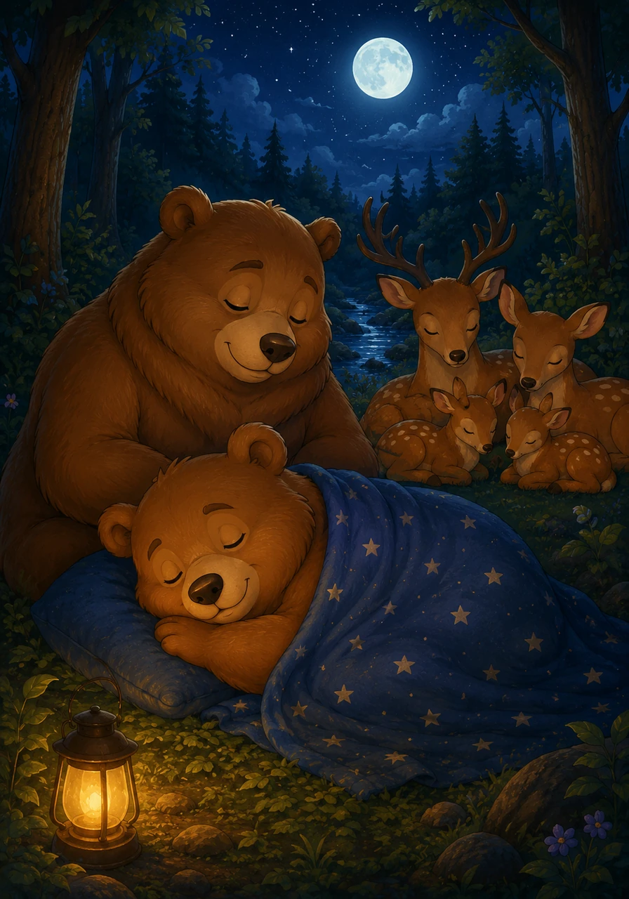 The entire forest was now wrapped in a blanket of silent, starry peace as Barnaby fell fast asleep. Sweet dreams filled his head, carrying him on a gentle journey through a world of soft moonlight and quiet magic.