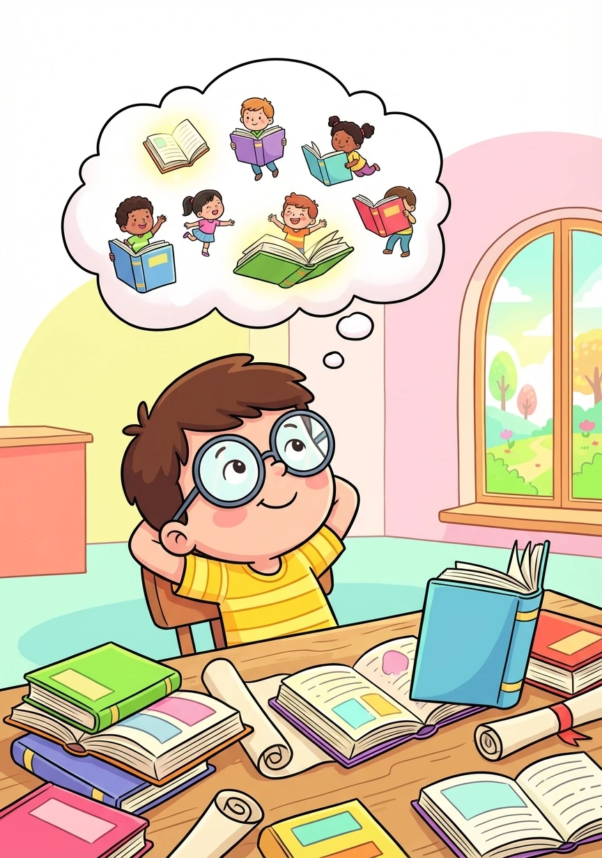 Читайка, маленький мальчик с огромными очками, сидит за столом, заваленным книгами. Он мечтает о том, чтобы все дети могли легко читать любимые истории.