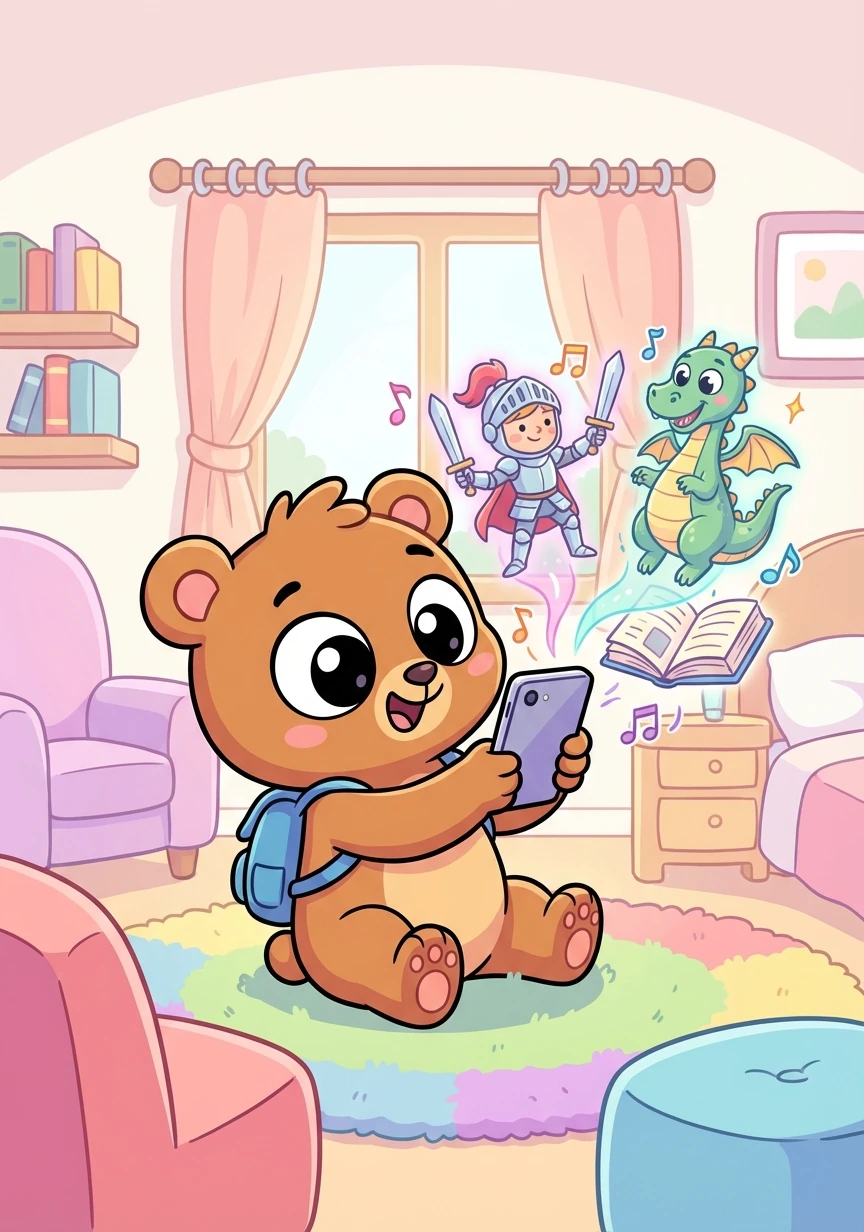 Читайка представляет, как книги оживают на экране телефона. Он видит красочные иллюстрации и слышит голоса персонажей, рассказывающих свои истории.