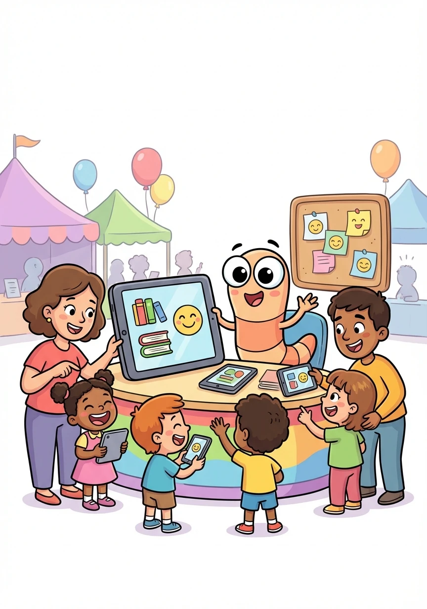 Читайка представляет свое приложение на школьной ярмарке. Дети и взрослые с интересом пробуют его и оставляют положительные отзывы.