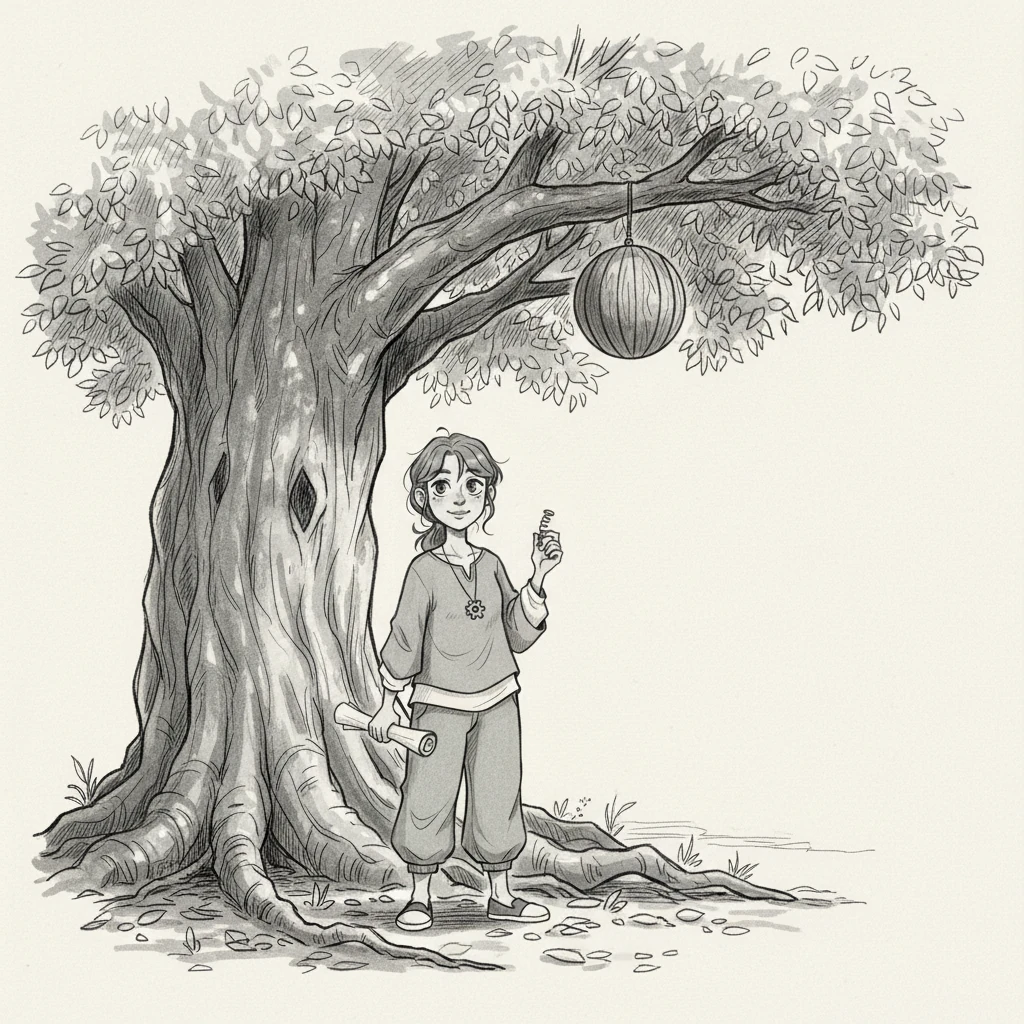 An đứng dưới gốc cây cổ thụ to lớn, ngước nhìn một quả cầu gỗ treo lủng lẳng trên cành cao. Đôi mắt bé mở to đầy tò mò, tự hỏi điều gì sẽ xảy ra nếu quả cầu rơi xuống. Những nét vẽ tỉ mỉ của vỏ cây và lá rậm rạp tạo nên một khung cảnh yên bình nhưng cũng đầy ẩn ý. Ánh sáng nhẹ nhàng chiếu qua tán lá, làm nổi bật khuôn mặt ngây thơ của An.