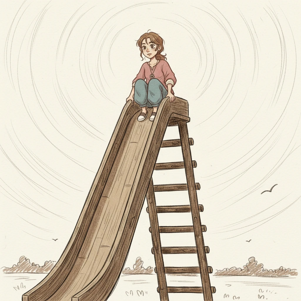 An leo lên đỉnh một cầu trượt gỗ cao, trái tim đập rộn ràng. Từ trên cao, bé cảm nhận được một nguồn năng lượng tiềm ẩn, sẵn sàng bùng nổ. Những đường nét mạnh mẽ của cầu trượt và tư thế ngồi chờ đợi của An thể hiện sự 'thế năng' đang tích trữ. Bầu trời rộng lớn phía sau như một lời mời gọi cho cuộc phiêu lưu sắp tới.