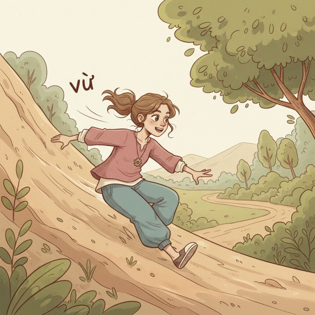 Với một tiếng "vù", An bắt đầu trượt xuống. Khoảnh khắc đầu tiên của chuyển động được ghi lại bằng những nét vẽ nhanh, đầy động lực. Một phần thế năng đã chuyển hóa thành động năng, đẩy An đi về phía trước. Gió nhẹ lướt qua tóc, báo hiệu sự khởi đầu của một hành trình thú vị.