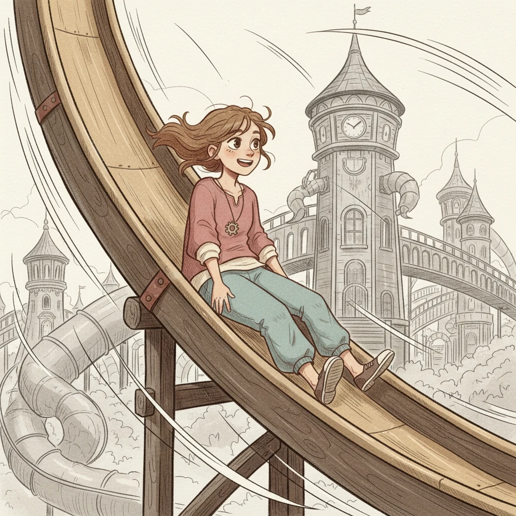 An lướt đi giữa chừng cầu trượt, tốc độ ngày càng tăng. Cả cơ thể bé nghiêng nhẹ, hòa mình vào luồng không khí. Những đường nét cong và sắc nét diễn tả vận tốc tối đa, thể hiện rõ ràng 'động năng' đang ở đỉnh điểm. Nụ cười rạng rỡ trên môi An chứng tỏ niềm vui của sự tự do và tốc độ.