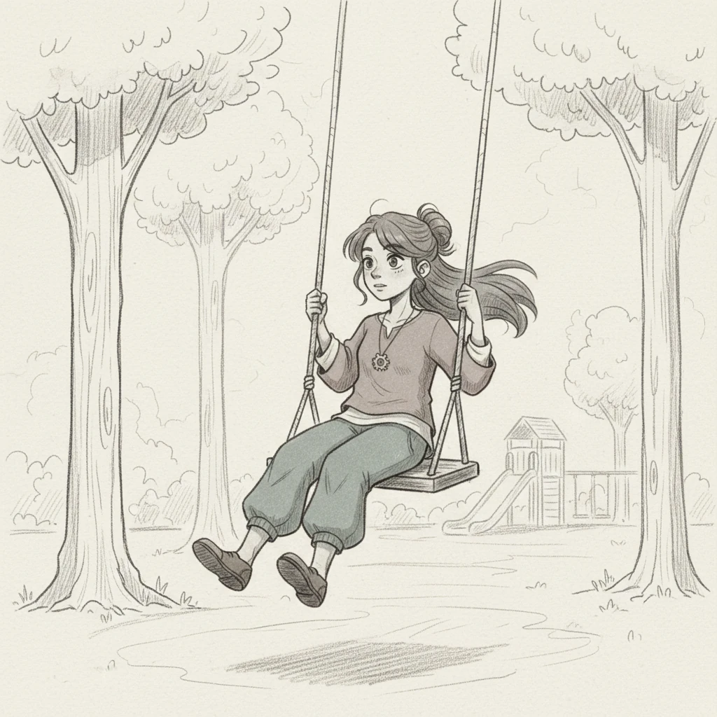 An ngồi trên một chiếc xích đu cũ kỹ trong công viên, đẩy mình lên cao nhất có thể. Ở điểm cao nhất này, bé cảm thấy như đang lơ lửng, chỉ một khoảnh khắc trước khi lao xuống. Đây là lúc 'thế năng' của An đạt đến đỉnh điểm, chờ đợi để được giải phóng. Khung cảnh xung quanh được vẽ đơn giản, tập trung vào chuyển động của xích đu.