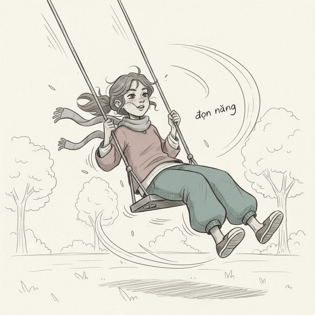 An lao xuống từ điểm cao nhất của xích đu, qua điểm thấp nhất với tốc độ chóng mặt. Gió rít qua tai, và bé cảm thấy một lực đẩy mạnh mẽ. Tại điểm thấp nhất, 'động năng' của An là lớn nhất, thể hiện rõ sự chuyển hóa năng lượng. Những nét vẽ uốn lượn, mềm mại nhưng dứt khoát miêu tả sự uyển chuyển của chuyển động.