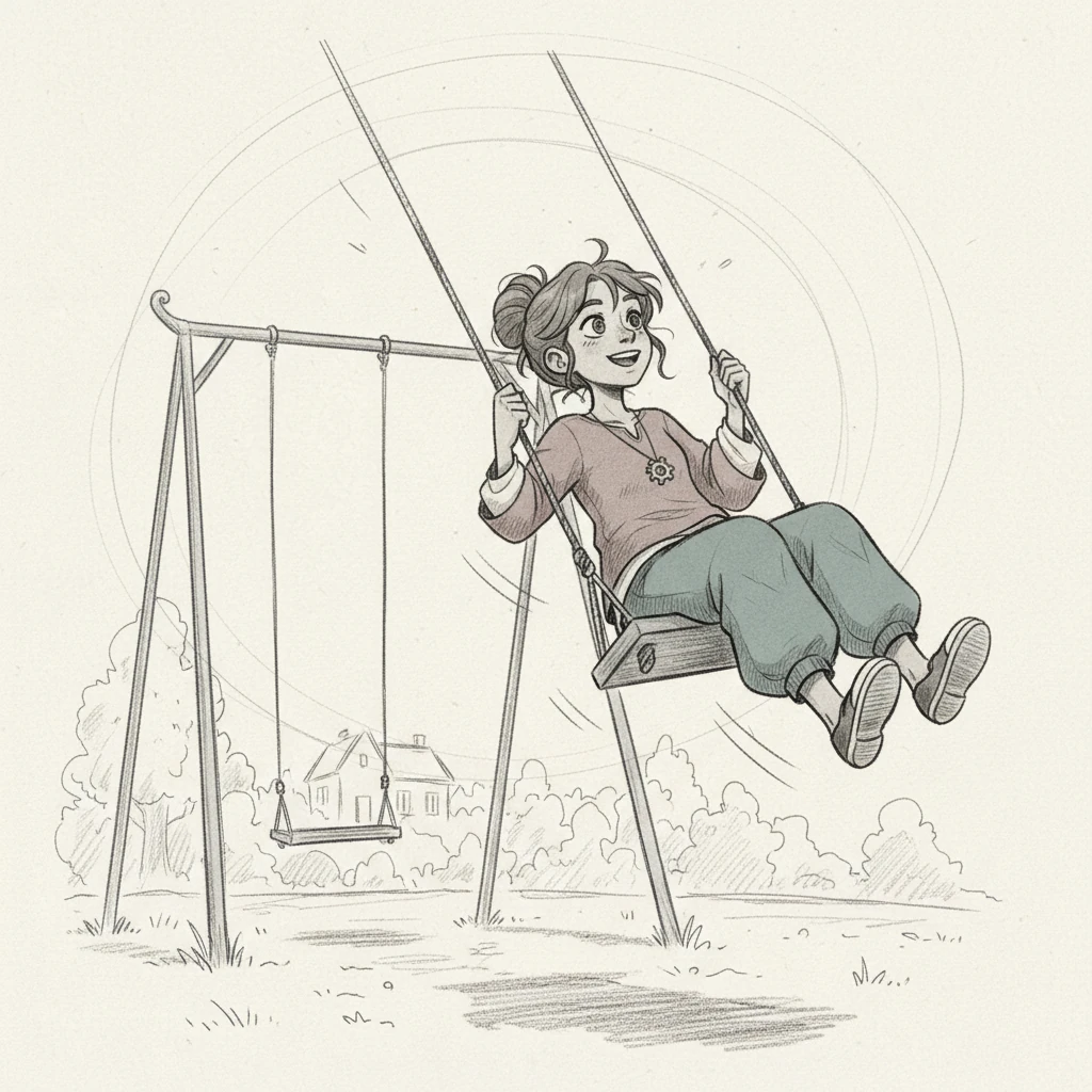 An tiếp tục vút lên cao về phía bên kia, gần như đạt đến độ cao ban đầu. Năng lượng động lại một lần nữa chuyển hóa thành thế năng. Bé cảm nhận được sự đối xứng kỳ diệu của chuyển động, như một vũ điệu của năng lượng. Chiếc xích đu dần chậm lại, chuẩn bị cho một vòng lặp mới.