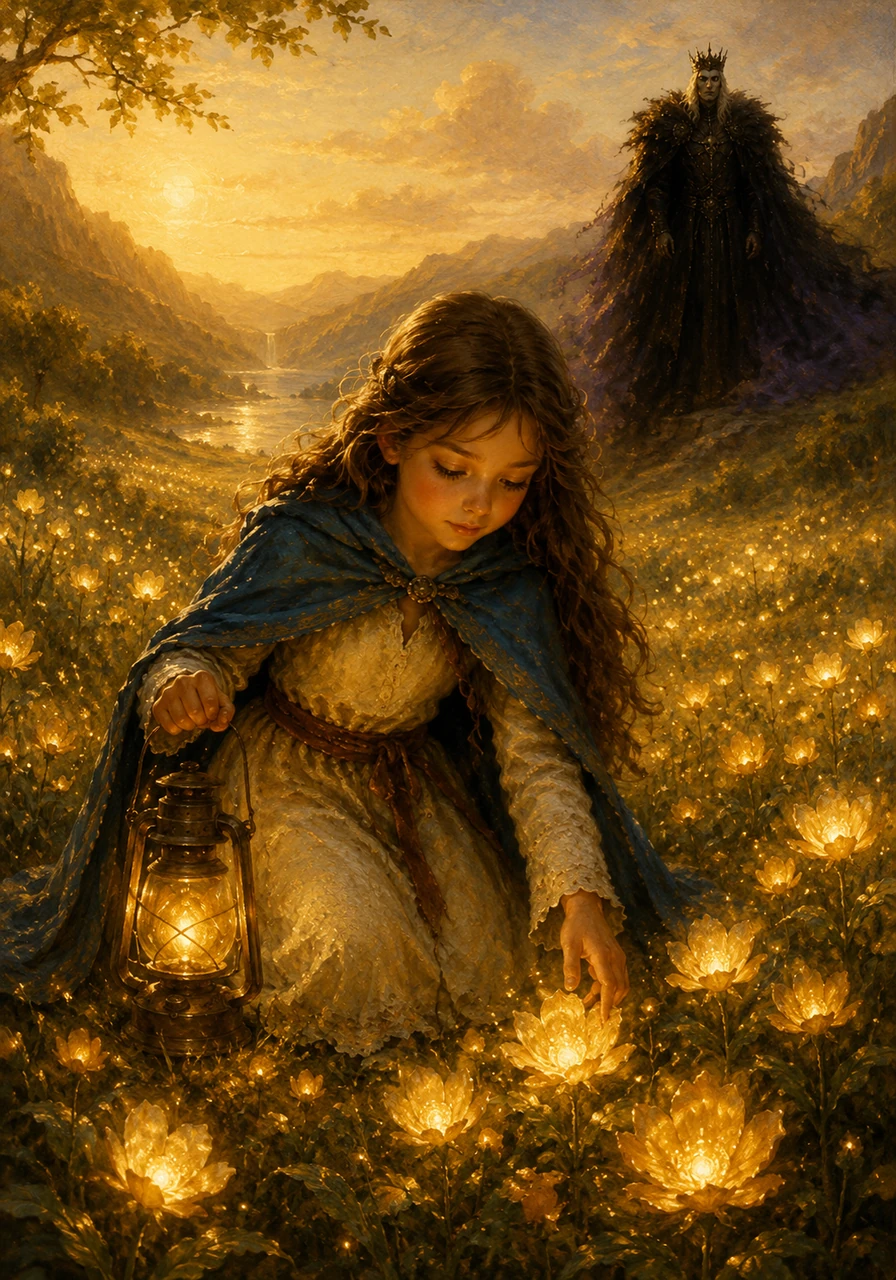In the Golden Valley, a young girl named Elara tended to flowers that glowed with a soft, amber light. The sun always lingered here, painting the meadows in gold and filling the air with the scent of honey and warmth.