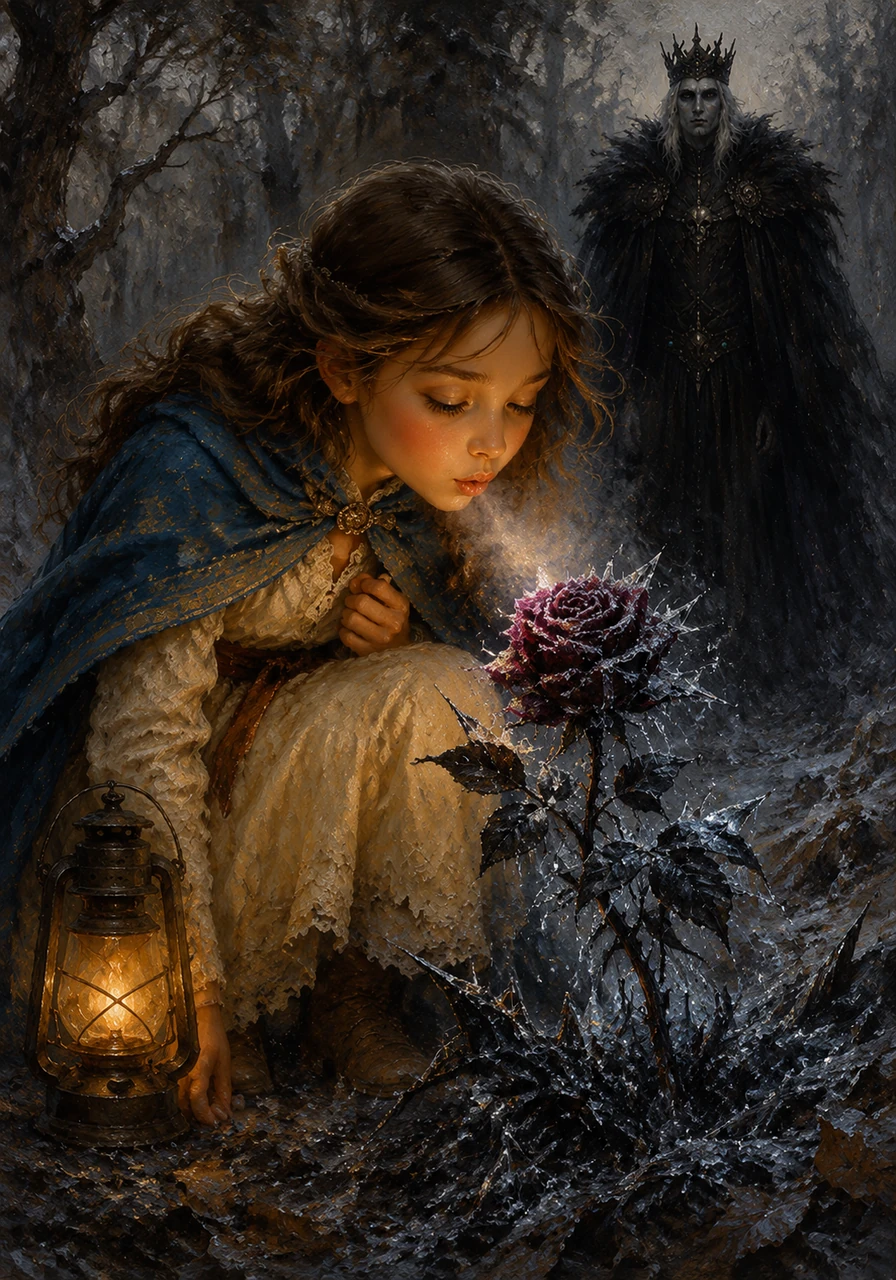 Elara found a single rose at the edge of the woods, its petals encrusted with a dark, crystalline frost that seemed to pulse with cold. Instead of running away, she knelt beside the flower and gently breathed warmth onto its frozen leaves, her heart filled with pity.
