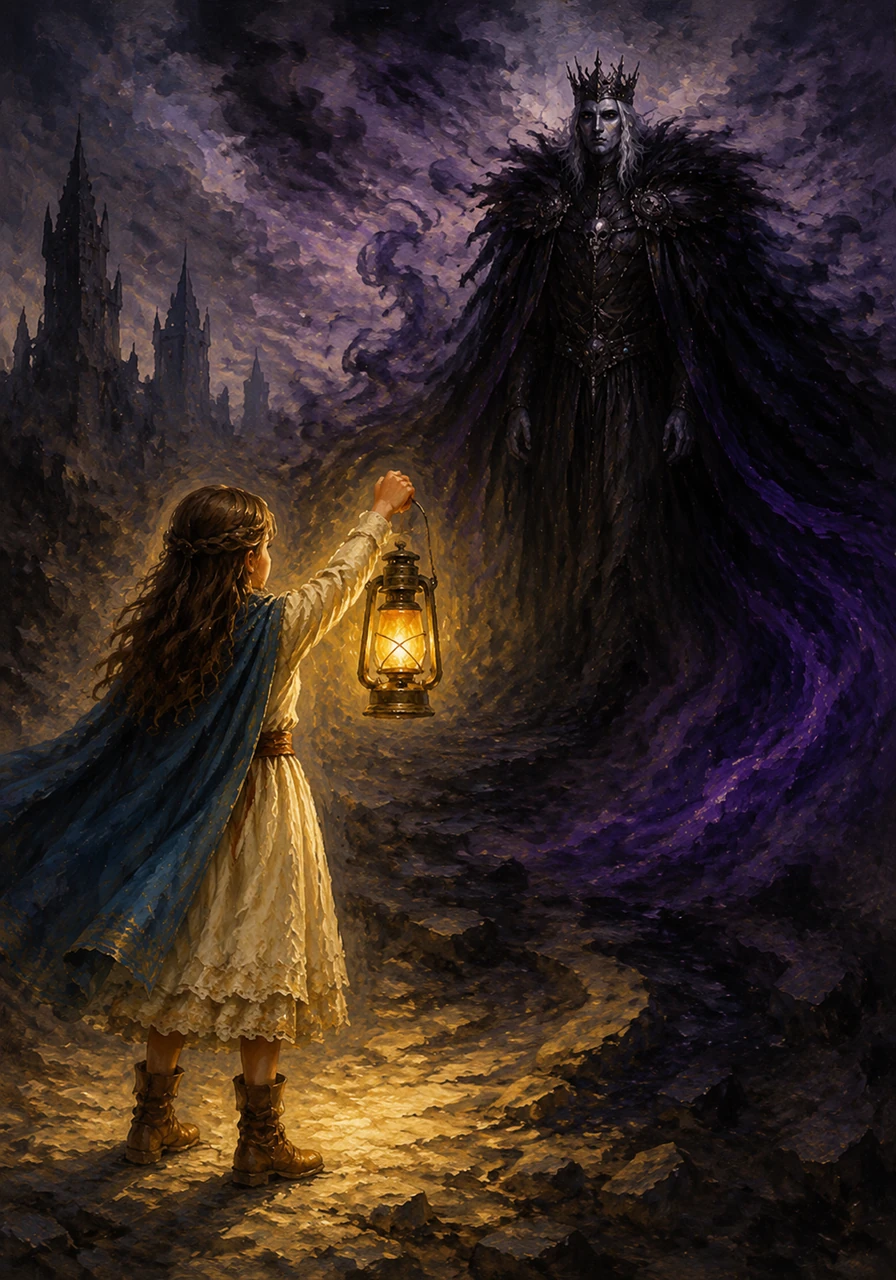 Realizing the darkness was spreading, Elara took her ancient brass lantern and set out toward the heart of the gloom. She knew that to save her home, she had to find the source of the shadow and offer it the only thing she had: her light.
