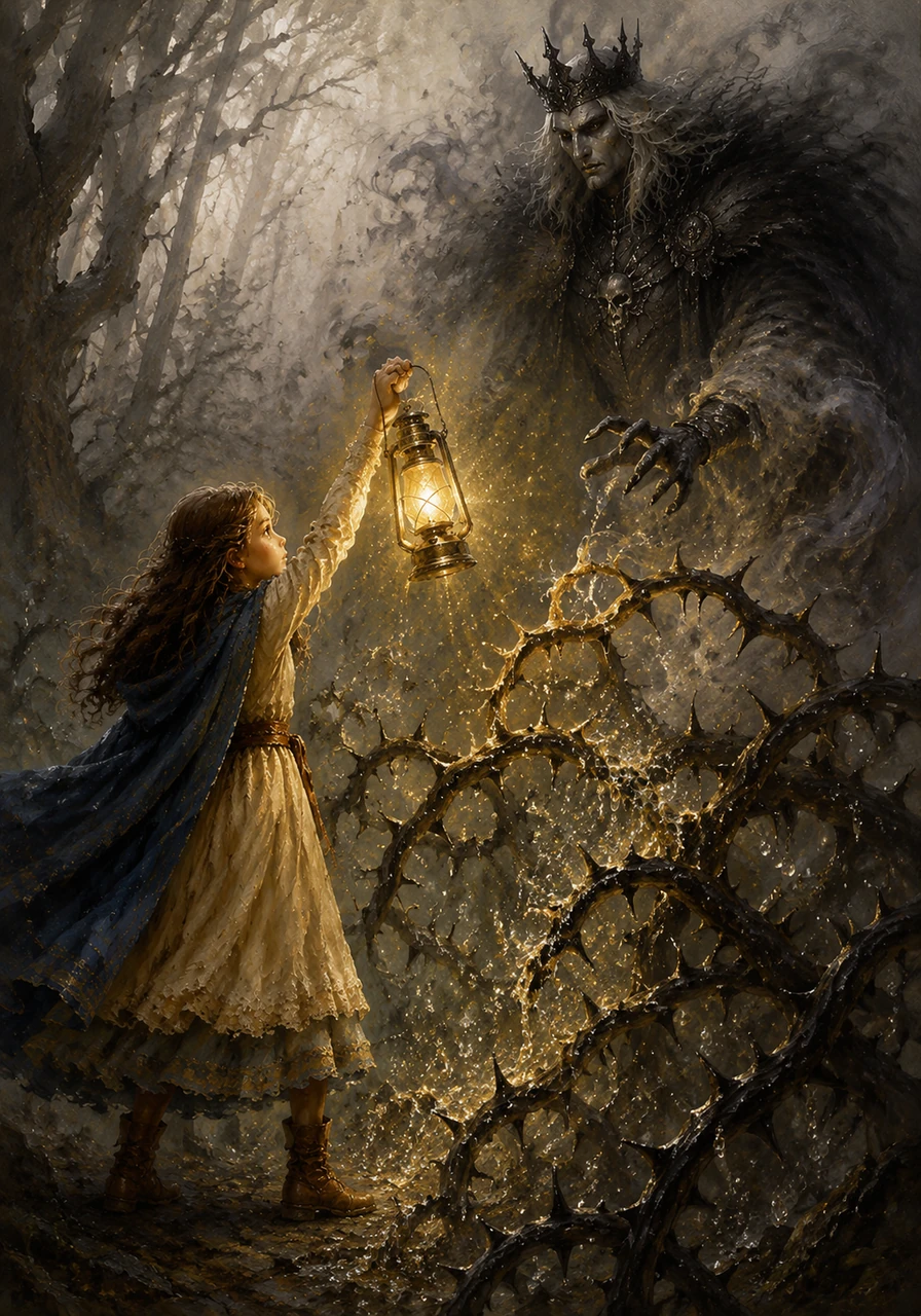 Deep within the misty forest, she met a creature made of swirling grey smoke that blocked her path with sharp, thorny vines. Elara did not draw a sword; she simply held her lantern high, letting its golden glow melt the thorns into shimmering morning dew.