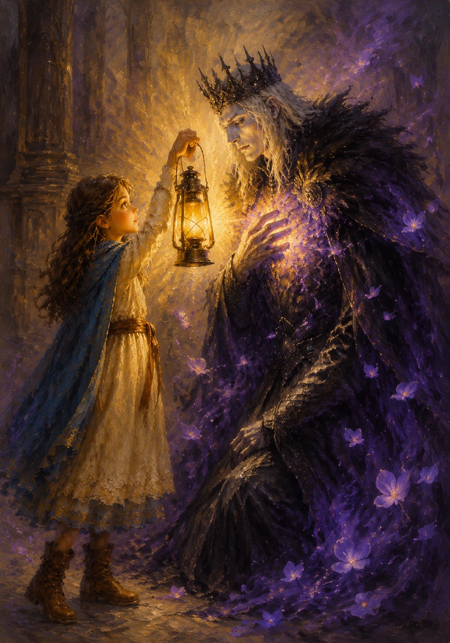 As the golden light touched the King’s frozen skin, the shadows began to soften and bloom into a deep, comforting violet. The lantern’s glow didn't destroy the King; it embraced him, melting his icy heart and turning his sorrow into hope.
